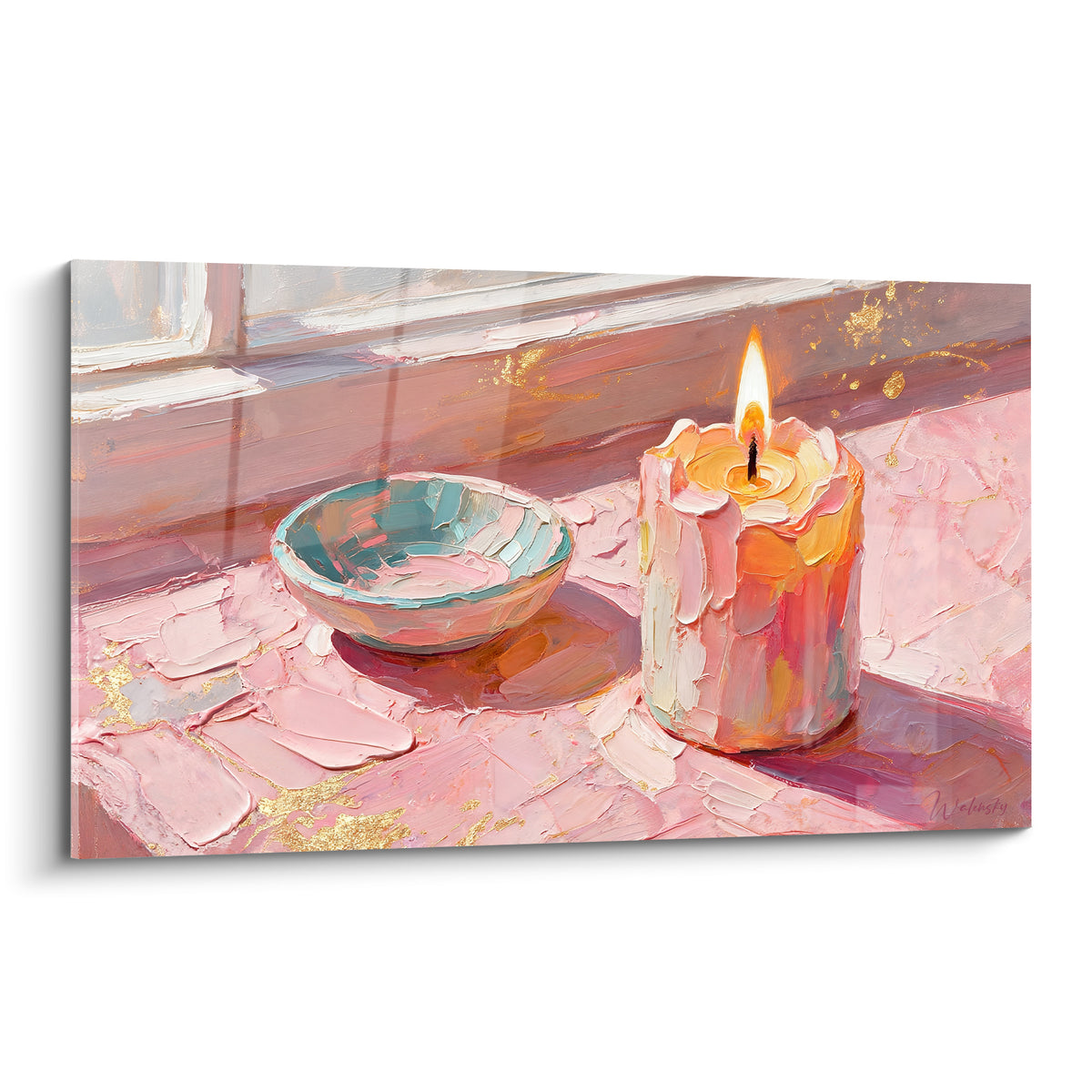 Bougie allumée rose et dorée près d'un bol turquoise sur rebord peint à l'huile