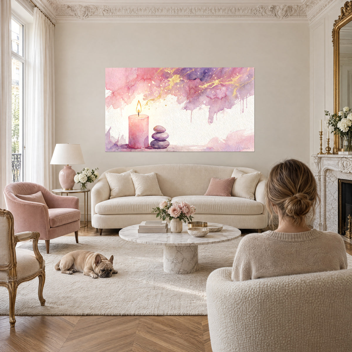 Flamme dorée sur bougie rose pastel accompagnée de galets gris, au-dessus d'un lit dans une chambre claire