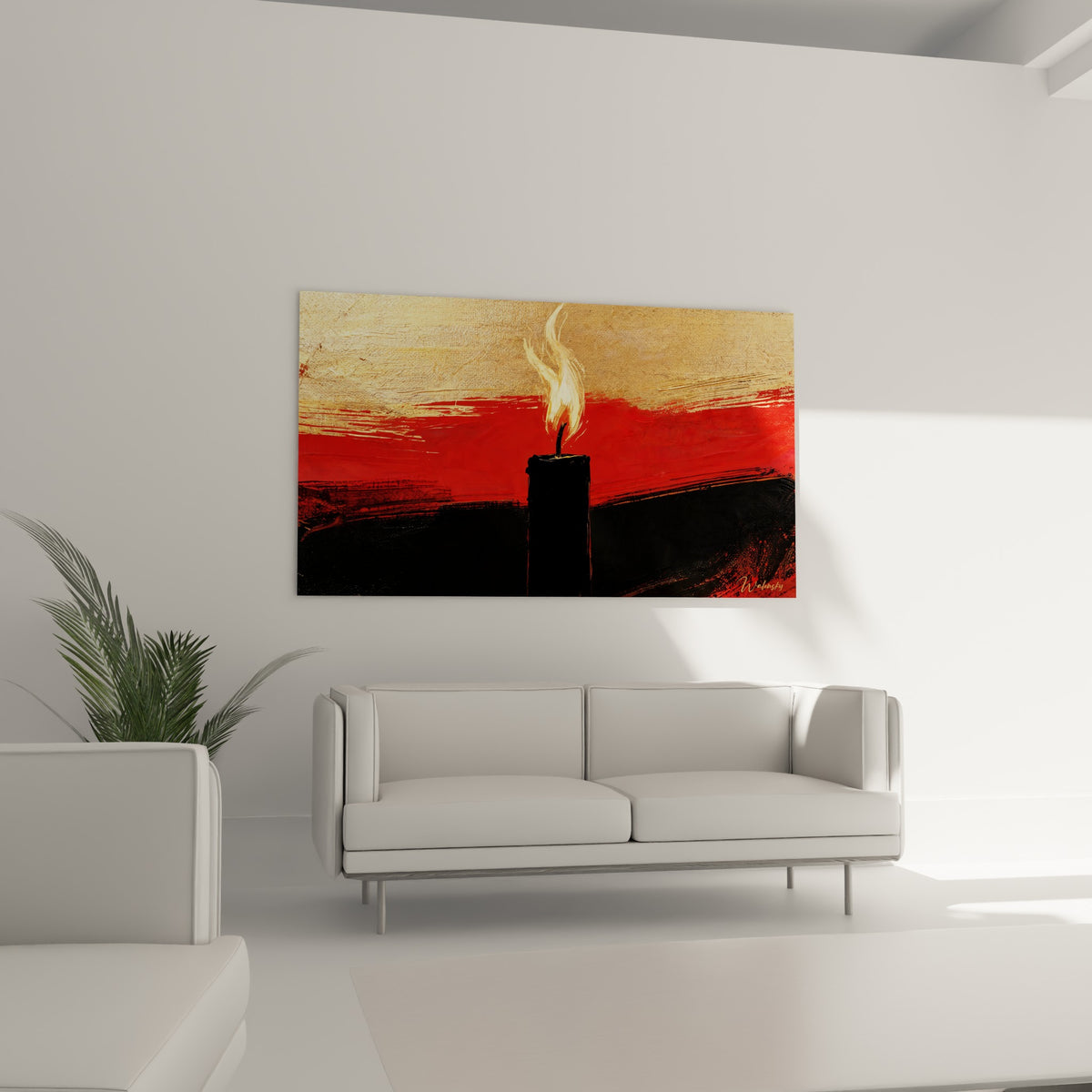 Silhouette sombre d'une bougie sur fond rouge intense, suspendue au-dessus d'un canapé dans un salon lumineux