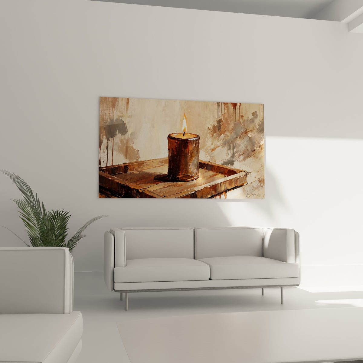 Cierge brun et ocre à la mèche allumée, tableau disposé au-dessus d'un canapé dans un salon lumineux.