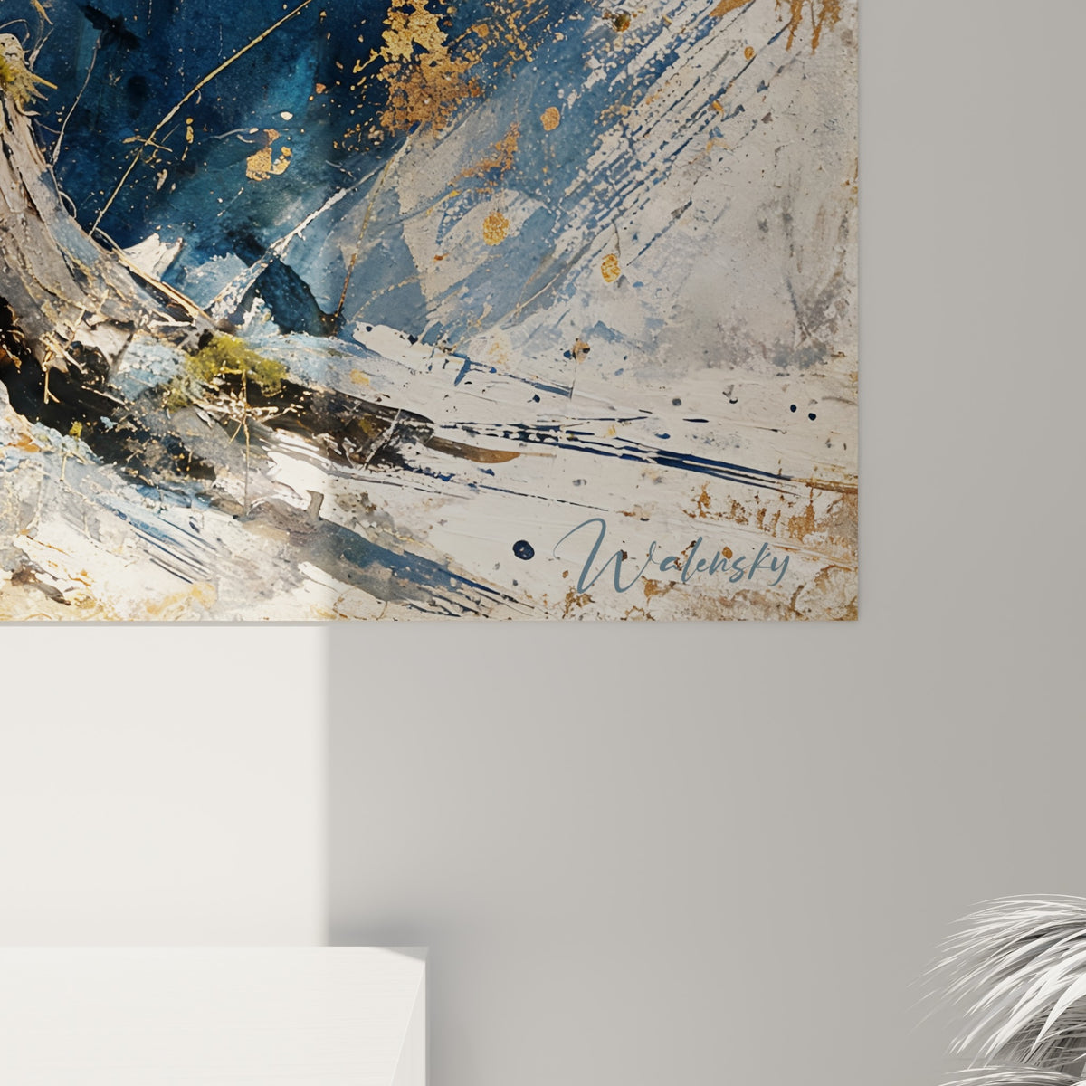 Empâtements dorés et coulures bleu marine visibles sur la toile représentant une bougie allumée