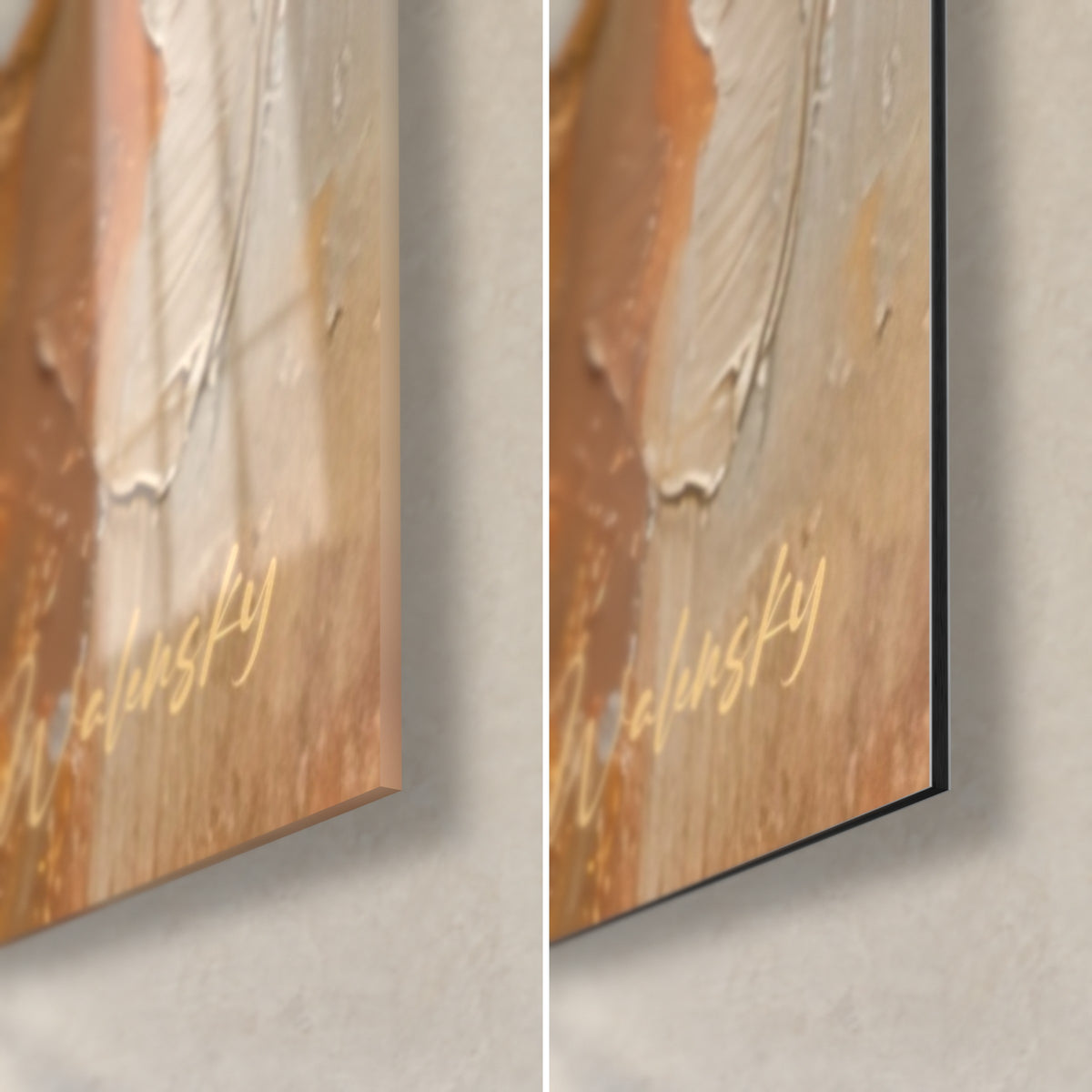 Tableau bougie dorée, coin bas droit : verre acrylique brillant à gauche, alu Dibond mat ocre à droite, tranche noire de 3 mm