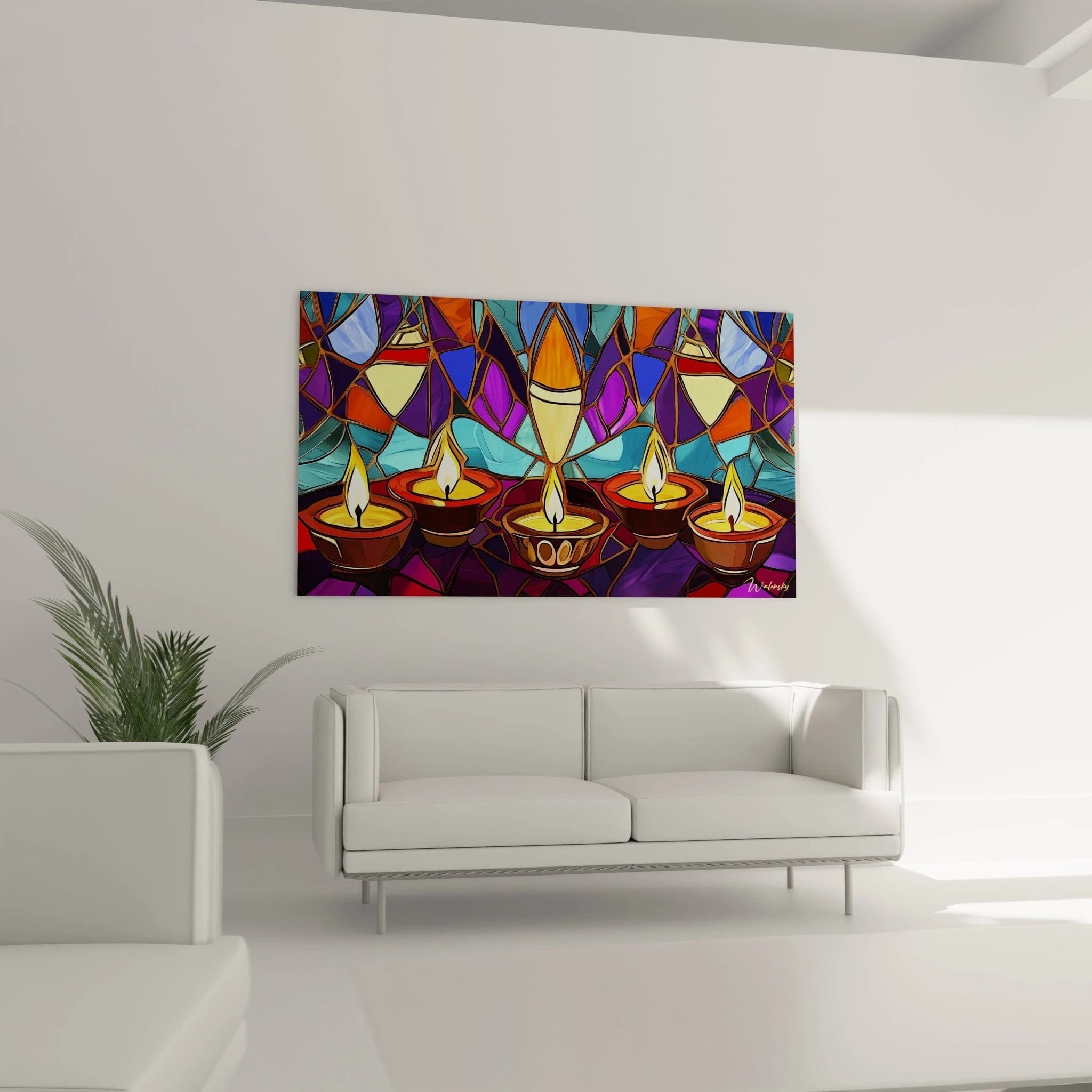 Un tableau vitraux spirituel présentant une rangée de bougies illuminées dans des récipients rougeâtres, entourées d'une mosaïque de formes organiques aux couleurs éclatantes de violet, turquoise et orange, séparées par des lignes sombres.