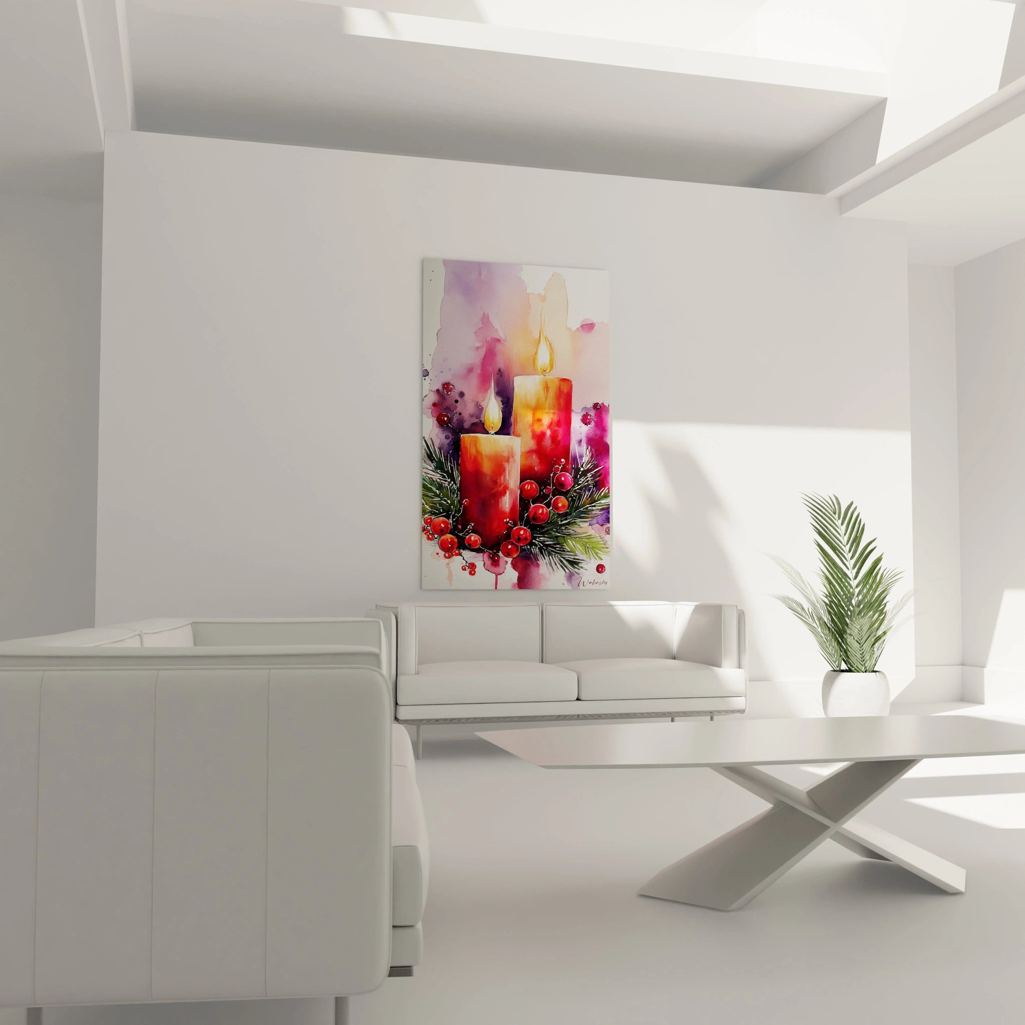 Tableau bougies lueurs du réveillon de Walensky sur un mur lumineux dans un salon moderne