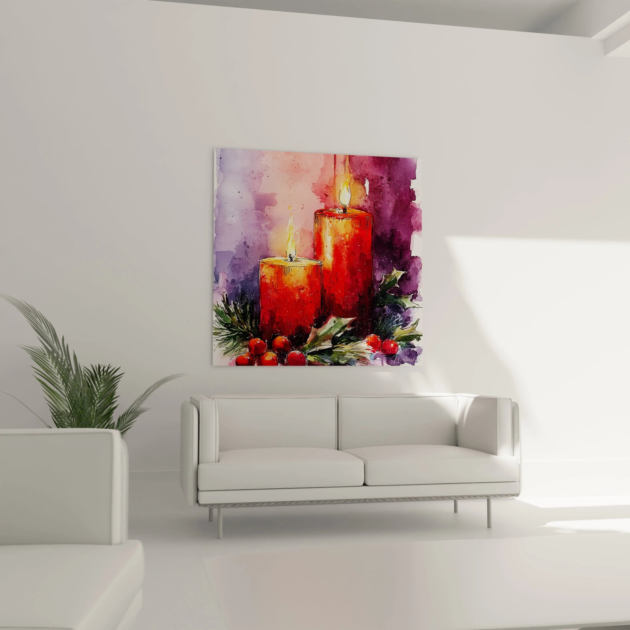 Tableau bougies Noël avec des bougies rouges sur fond d'hiver décoré de feuillage et baies