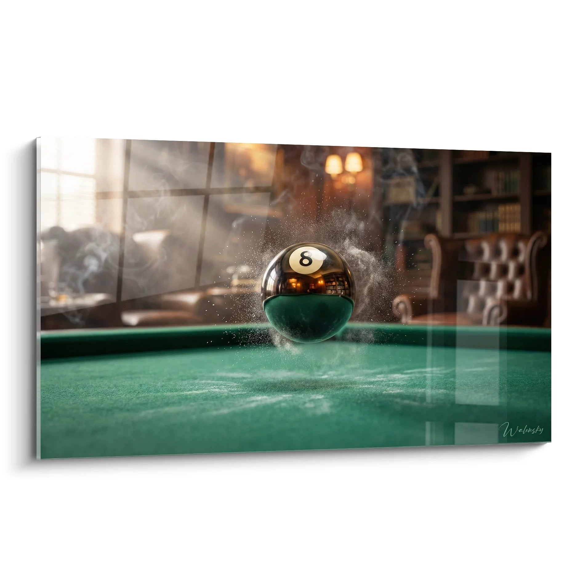 Tableau moderne boule billard 8 émergeant de l'eau avec éclaboussures dans salon feutré