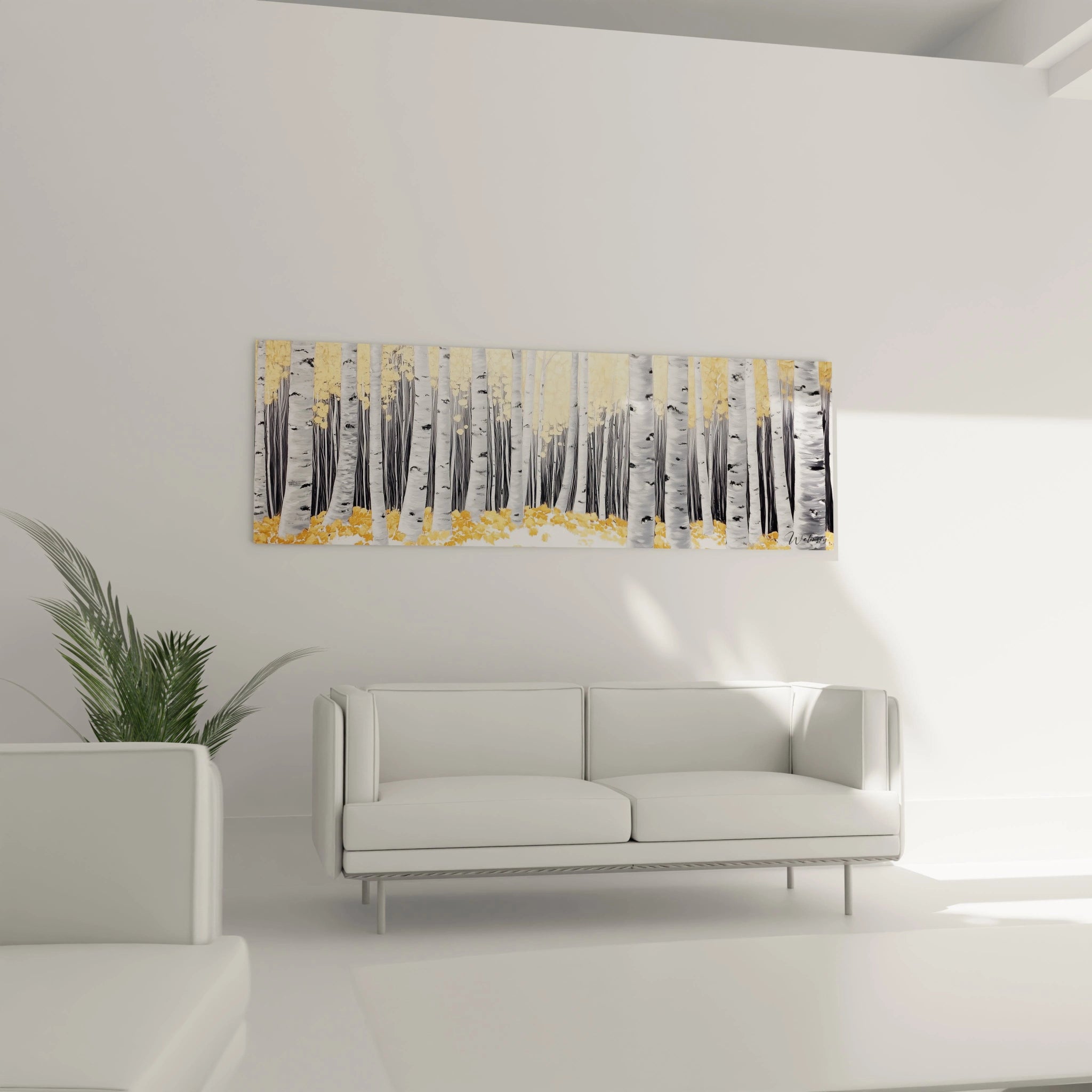 Tableau forêt Walensky avec arbres blancs et feuilles dorées accroché au-dessus d'un canapé blanc moderne