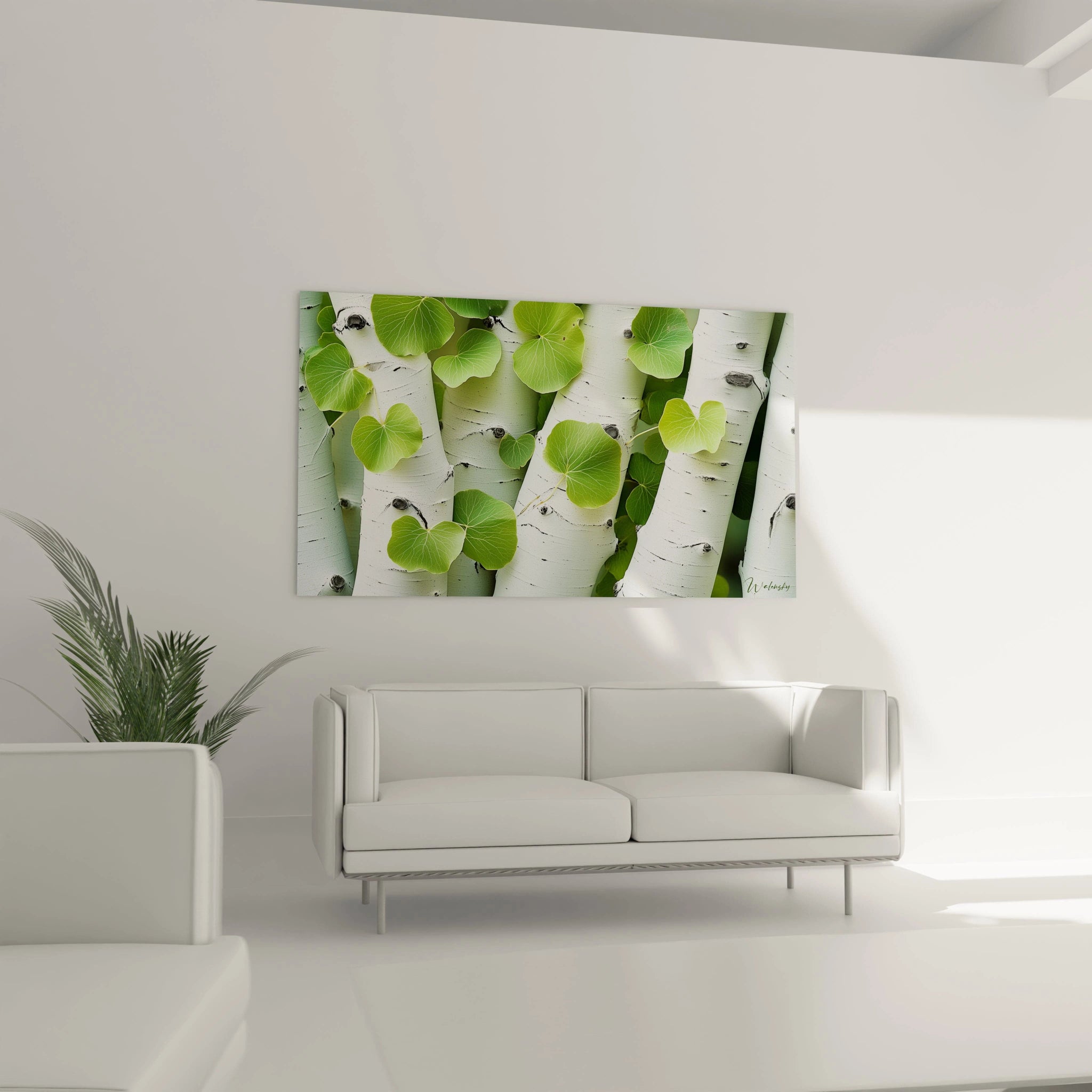 Un tableau bouleau nature illustrant des arbres au tronc clair et strié de noir, entourés de feuillages verts en relief, avec un effet de superposition et une légère profondeur de champ.