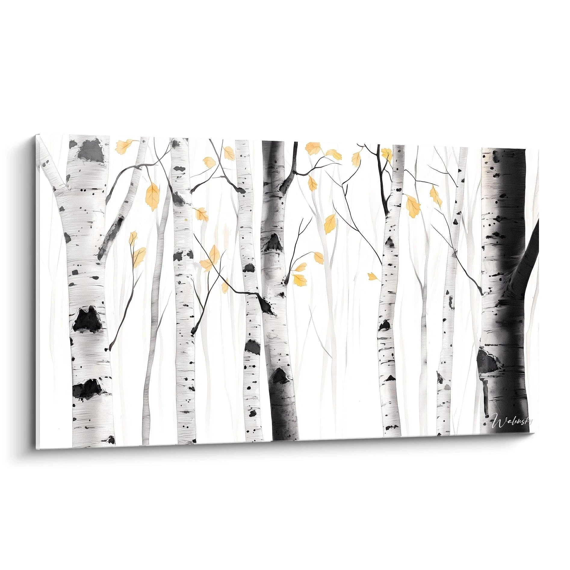 Un tableau bouleau nature illustrant une forêt de bouleaux aux troncs blancs et noirs, avec des feuilles jaunes dispersées, des lignes fines et un fond estompé créant une impression de profondeur.