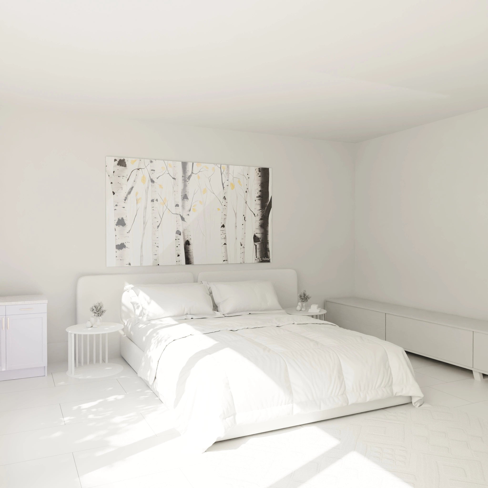 Un tableau bouleau nature mettant en scène des troncs de bouleaux élancés en noir et blanc, entrelacés de branches sombres et de rares feuilles dorées, sur un fond brumeux en nuances de gris.