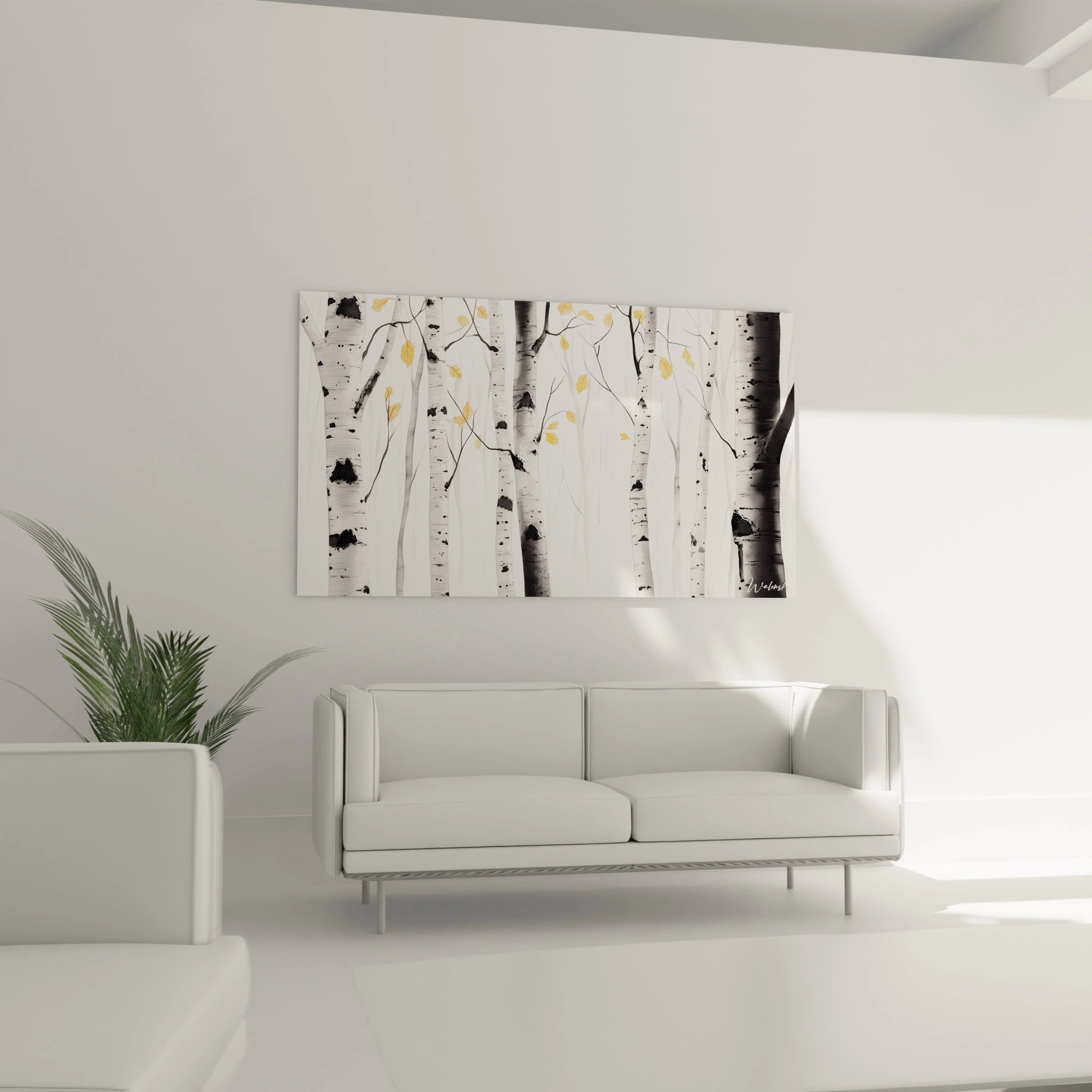 Un tableau bouleau nature représentant un groupe d’arbres fins aux écorces marquées de contrastes noirs, ponctués de touches jaunes sur les feuillages, avec un arrière-plan dégradé et flou.