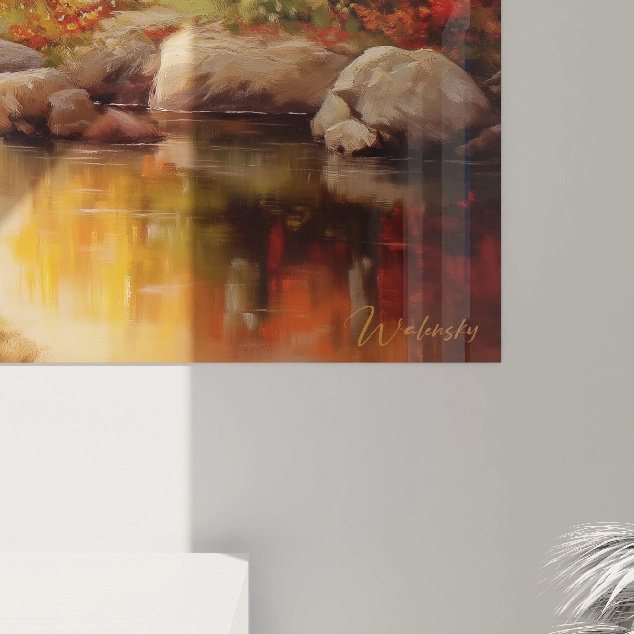 Tableau mural Walensky paysage automnal rivière rochers reflets et arbres en or tableau bouleaux automne