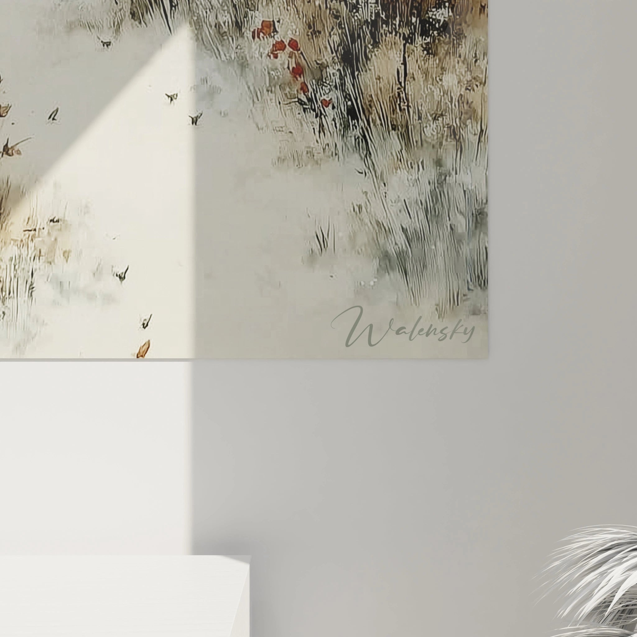 tableau bouleaux hiver Walensky peinture murale décor calme paysage neige herbes séchées feuilles signature en bas