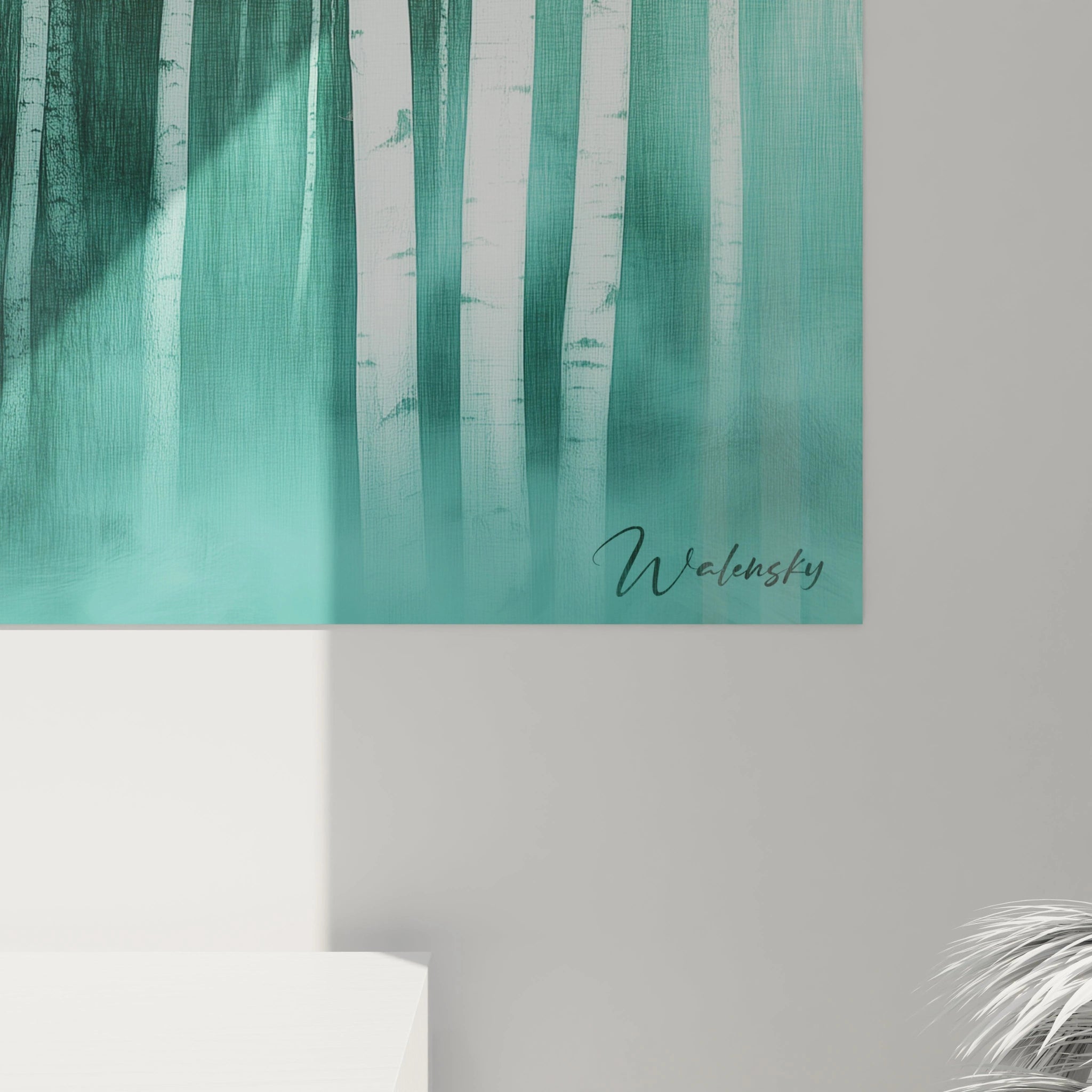 Tableau forêt Walensky avec arbres blancs stylisés sur fond vert apaisant pour décoration murale