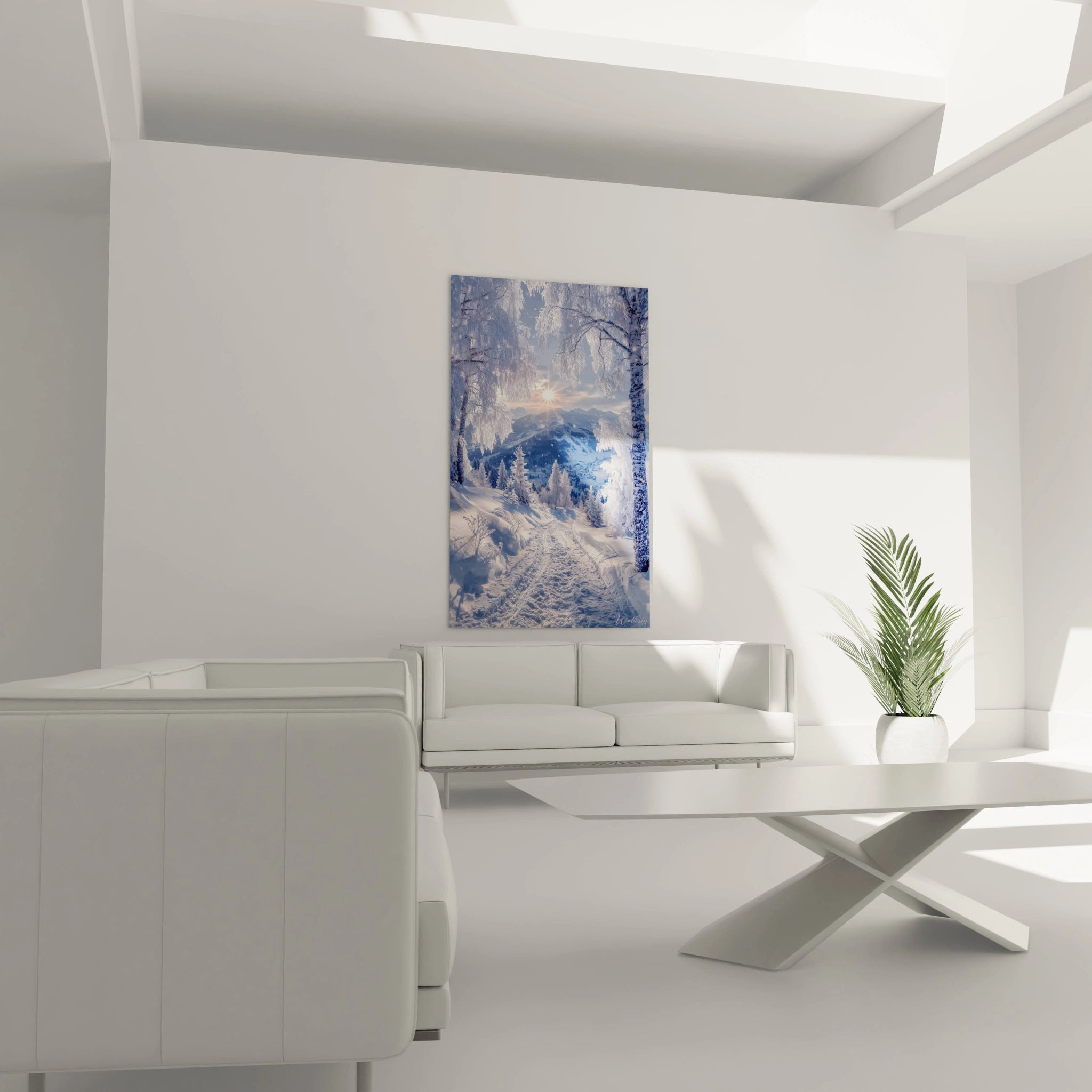 Walensky tableau paysage hivernal mural vertical accroche au dessus d un canapé blanc dans un salon minimaliste lumineux