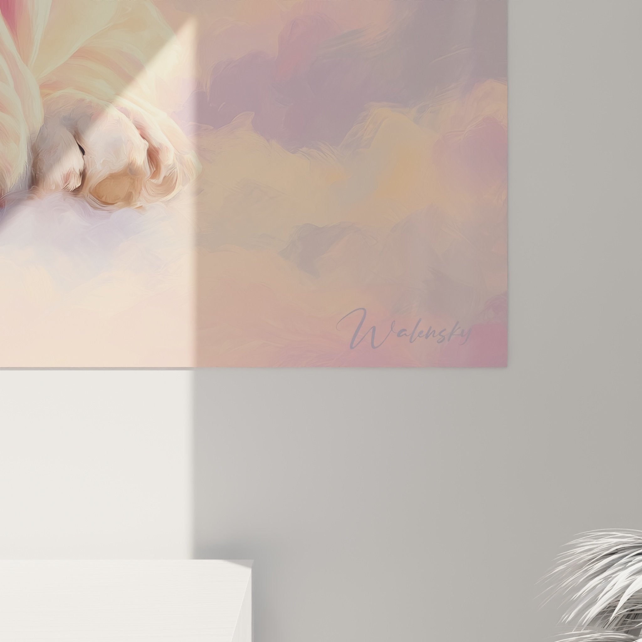 quadro murale bulldog inglese celeste nuvole dorate decorazione interni zen