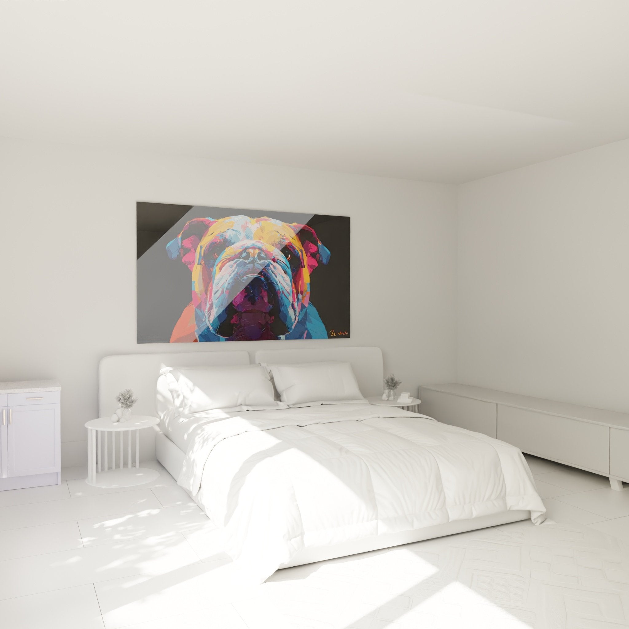 Tableau bouledogue multicolore accroché au mur d'une chambre moderne avec déco contemporaine