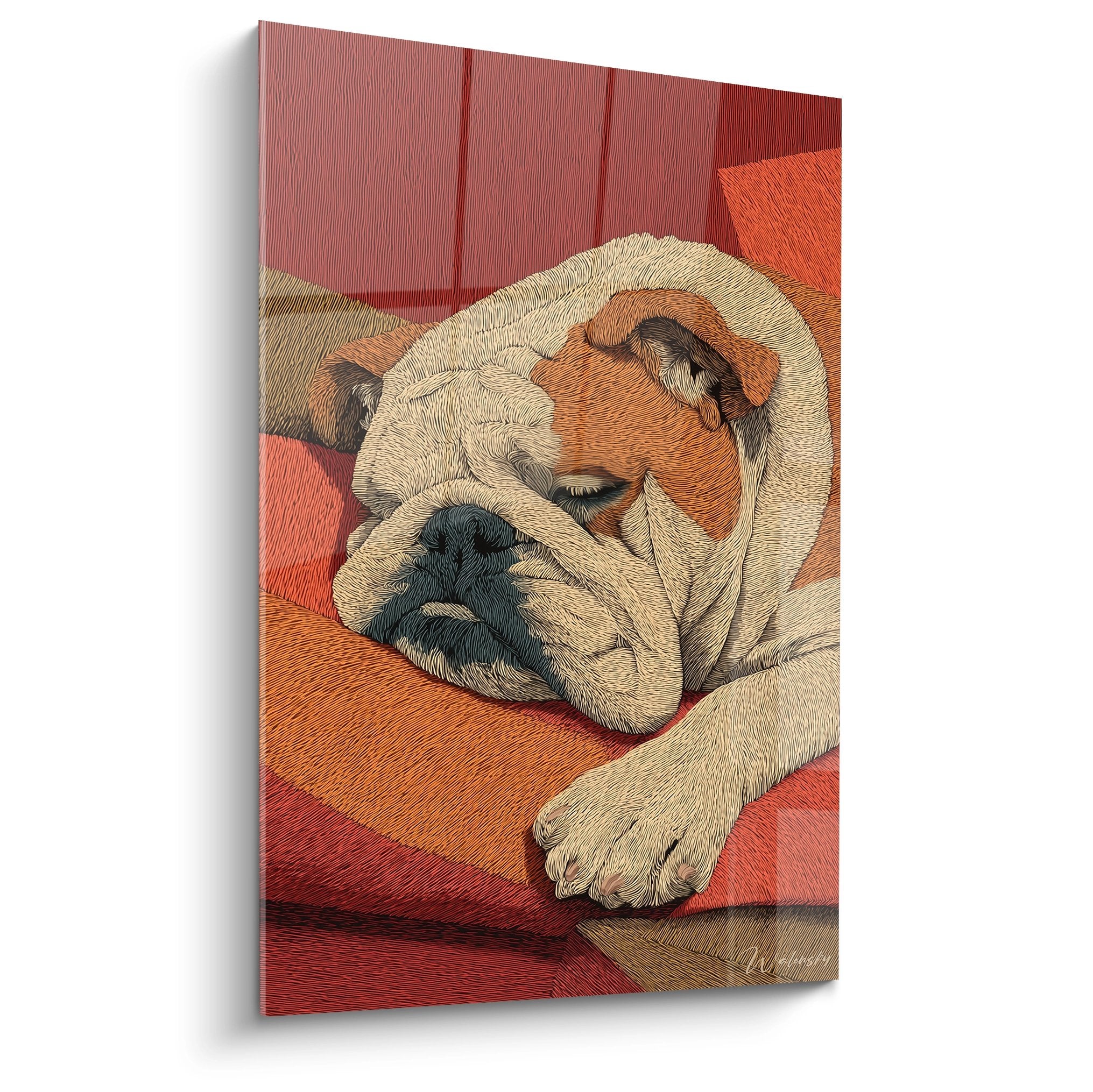 englische bulldogge schlafend gemälde orange rote töne schraffur technik moderne hundekunst