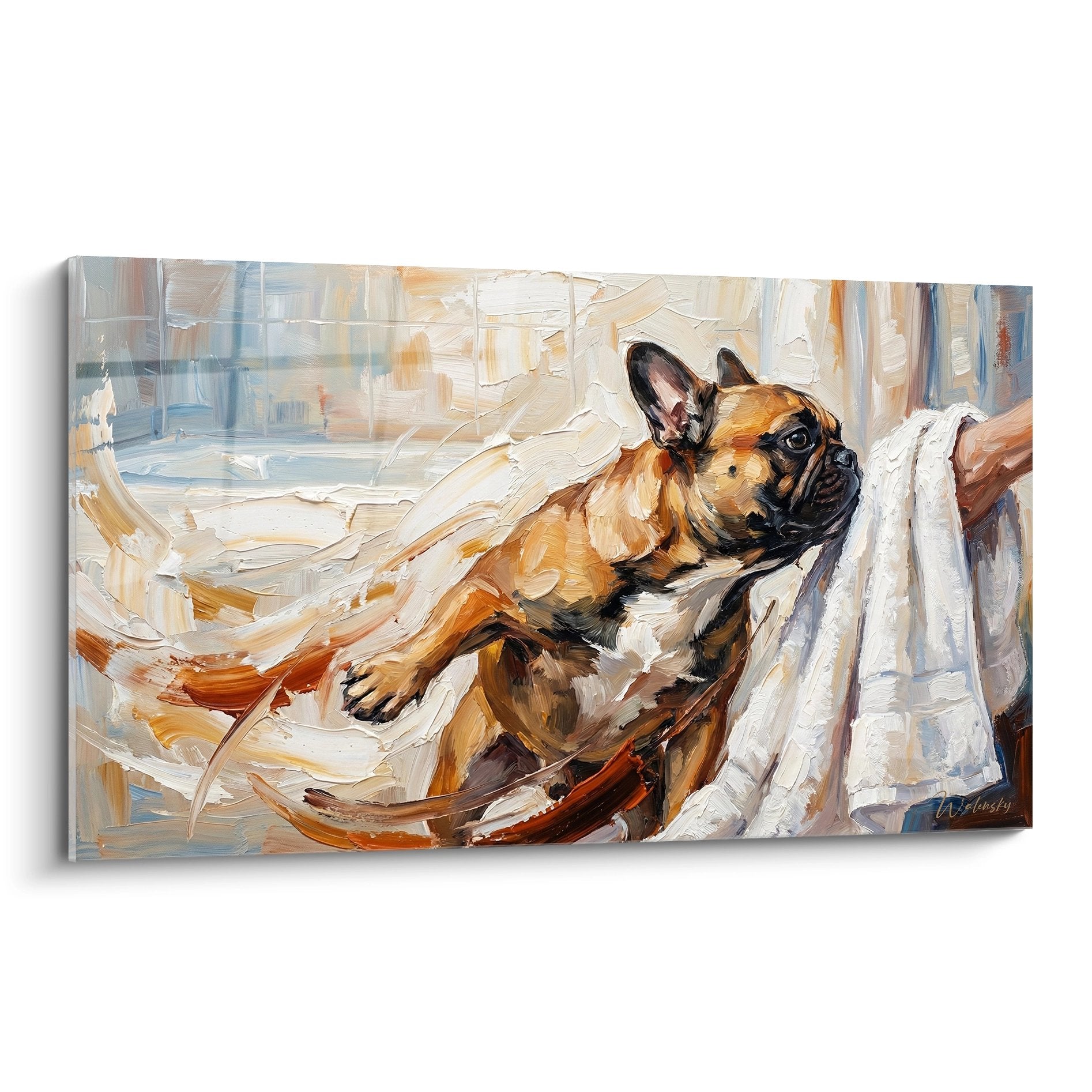 gemälde französische bulldogge fauve liegend in weißen laken expressiver stil warme töne