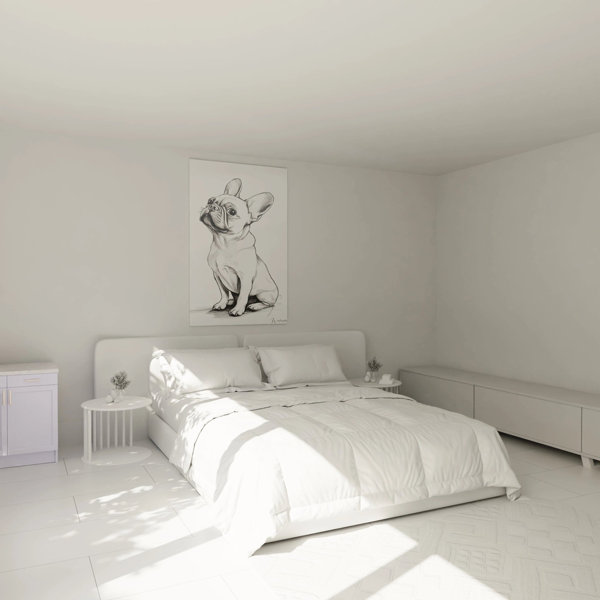 Tableau bouledogue français représentant un spécimen de la race vu de trois-quarts, oreilles dressées caractéristiques. Dessin monochrome aux lignes précises, texture graphique par hachures, rendu détaillé des plis faciaux et du regard expressif.