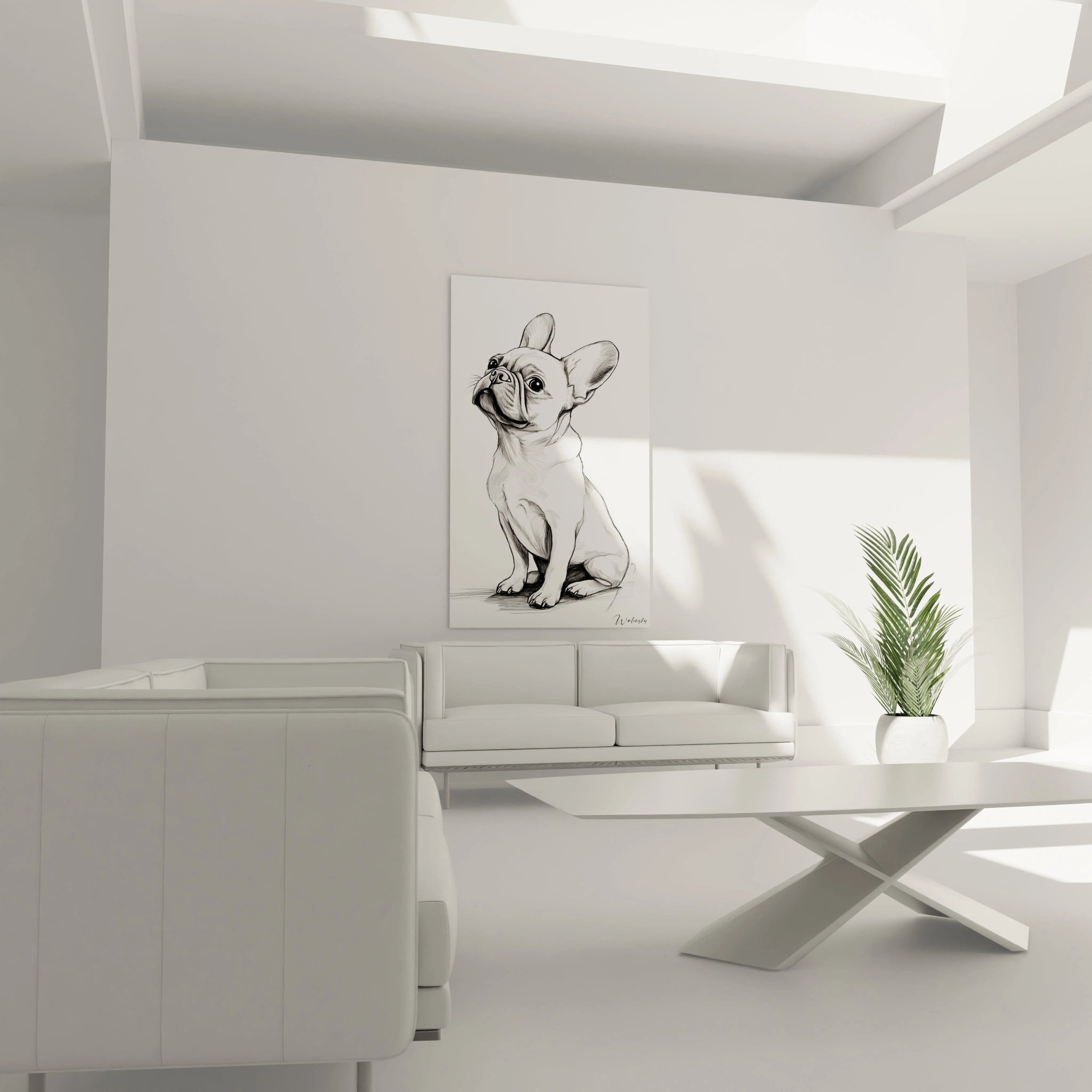 Un tableau bouledogue français minimaliste au trait noir sur fond blanc, capturant un jeune chien en position assise. Composition centrée, technique de dessin par hachures créant volume et texture, détails anatomiques précis des oreilles et du museau.