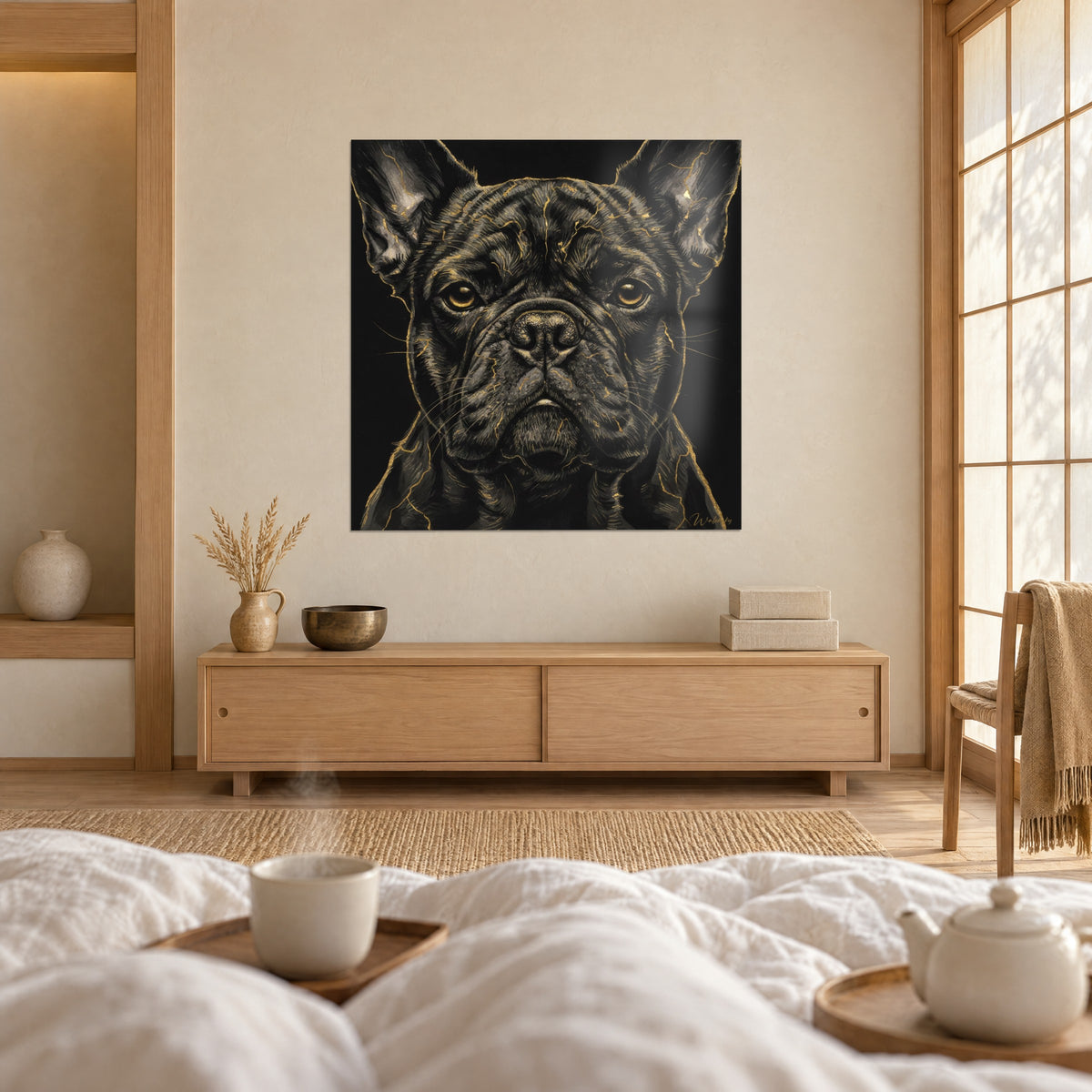Schilderij portret van een zwarte bulldog met gouden strepen en intense blik, tegenover een koppel van achteren gezien, boven een bed in een lichte slaapkamer