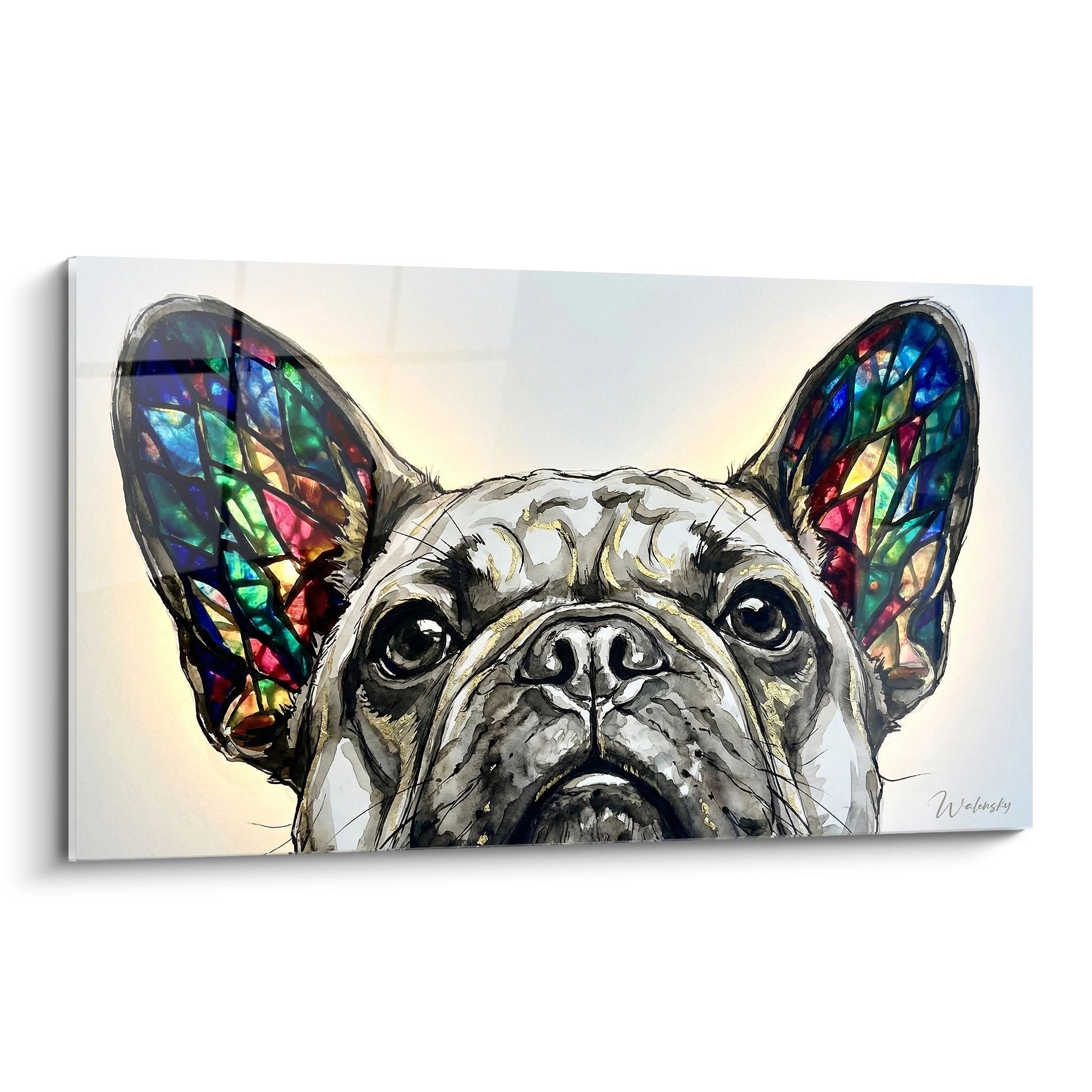 French bulldog grey canvas with multicolored ears stained glass effect on beige background