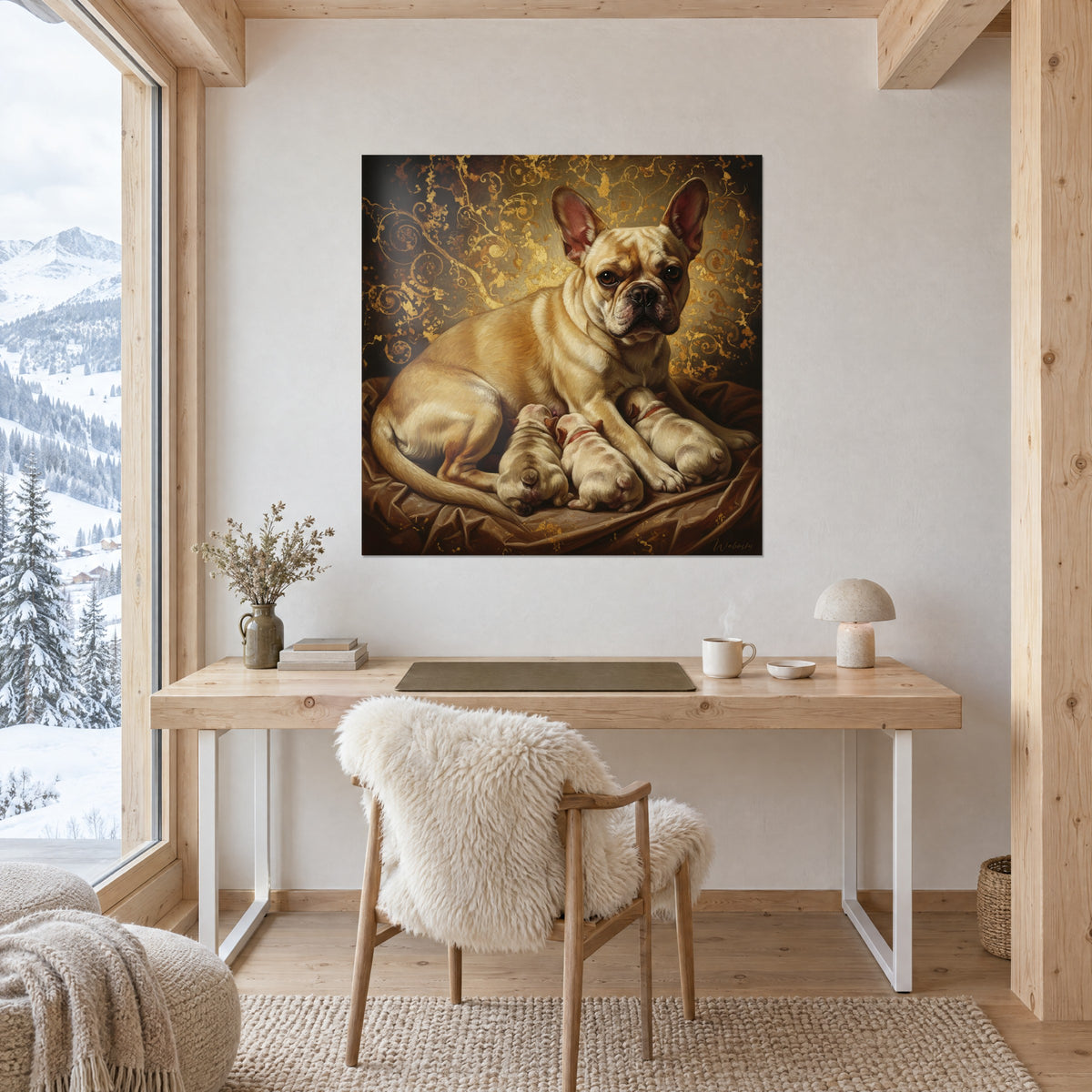 Gemälde zärtliche Hundeszene, goldene Hündin mit dunklen Augen und schlafenden Welpen, goldene Schnörkel, gegenüber einem hellen Holzschreibtisch