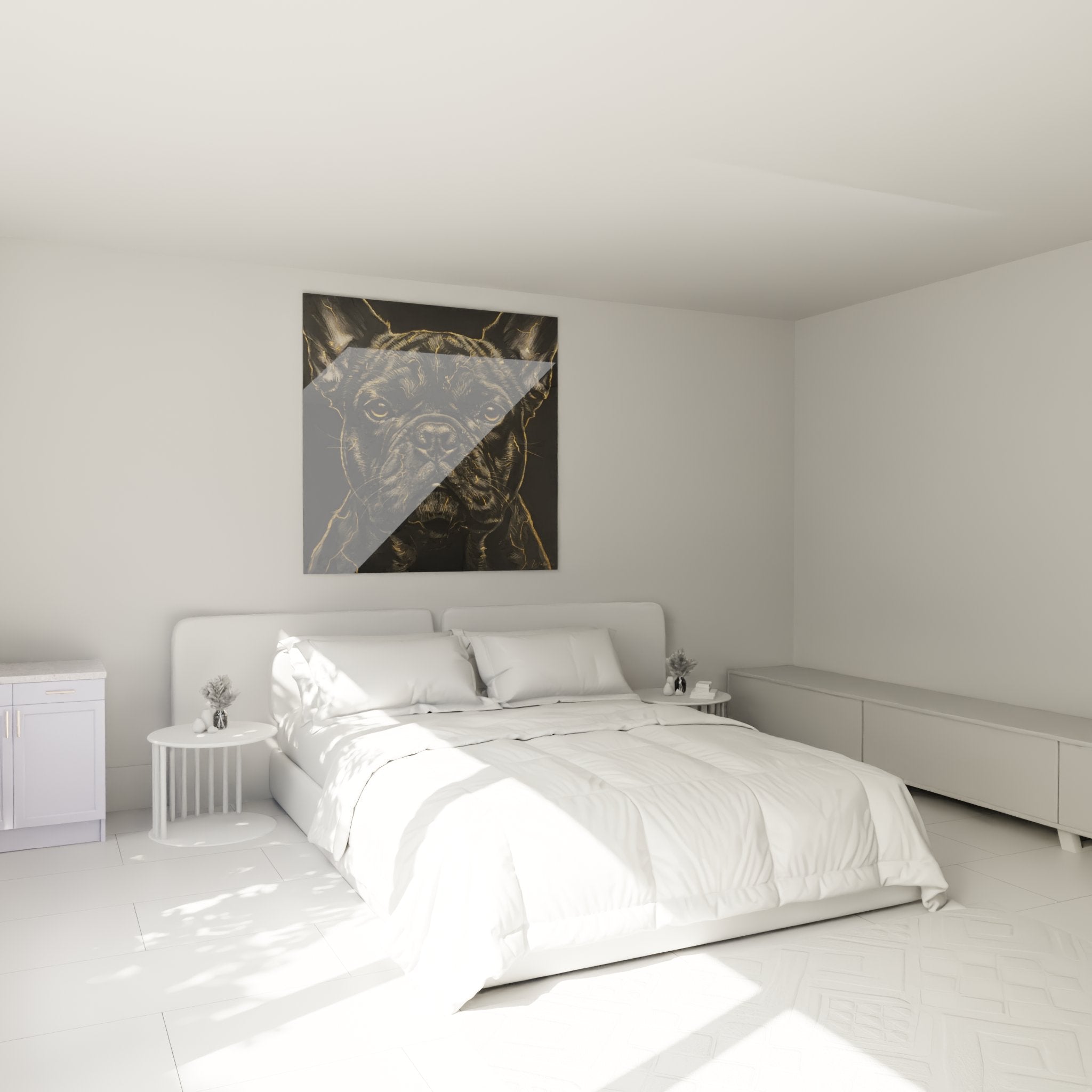 Tableau bouledogue français noir doré décorant chambre moderne mur blanc ambiance élégante
