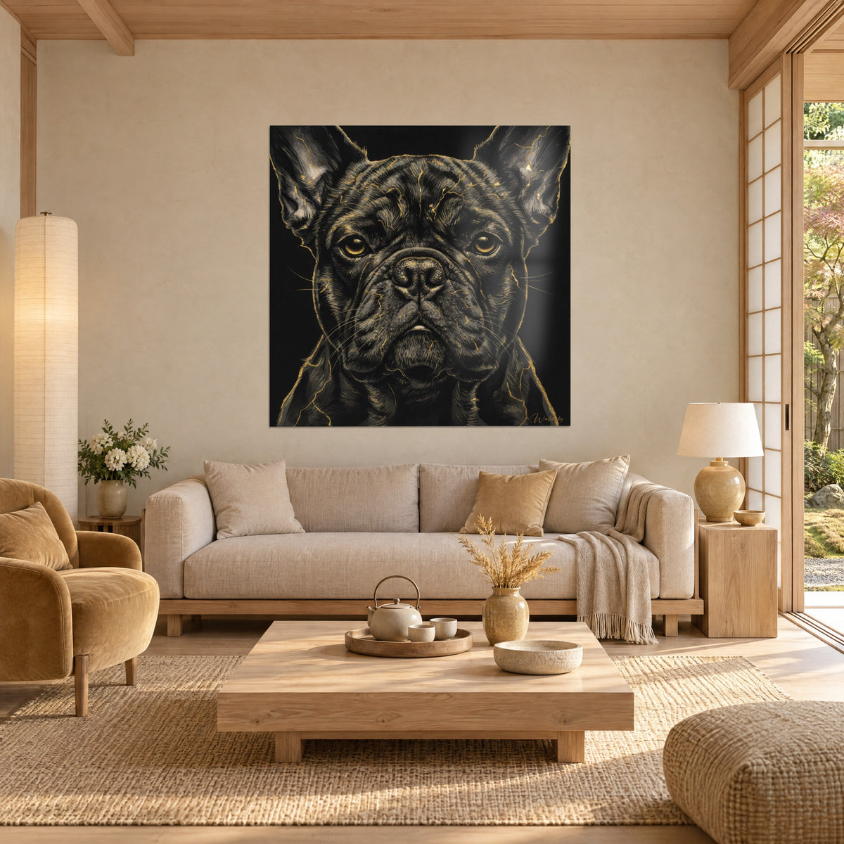 Schilderij van een zwarte Franse bulldog met gouden aders, rechtopstaande oren en barnsteenkleurige blik, boven een bank in een lichte woonkamer