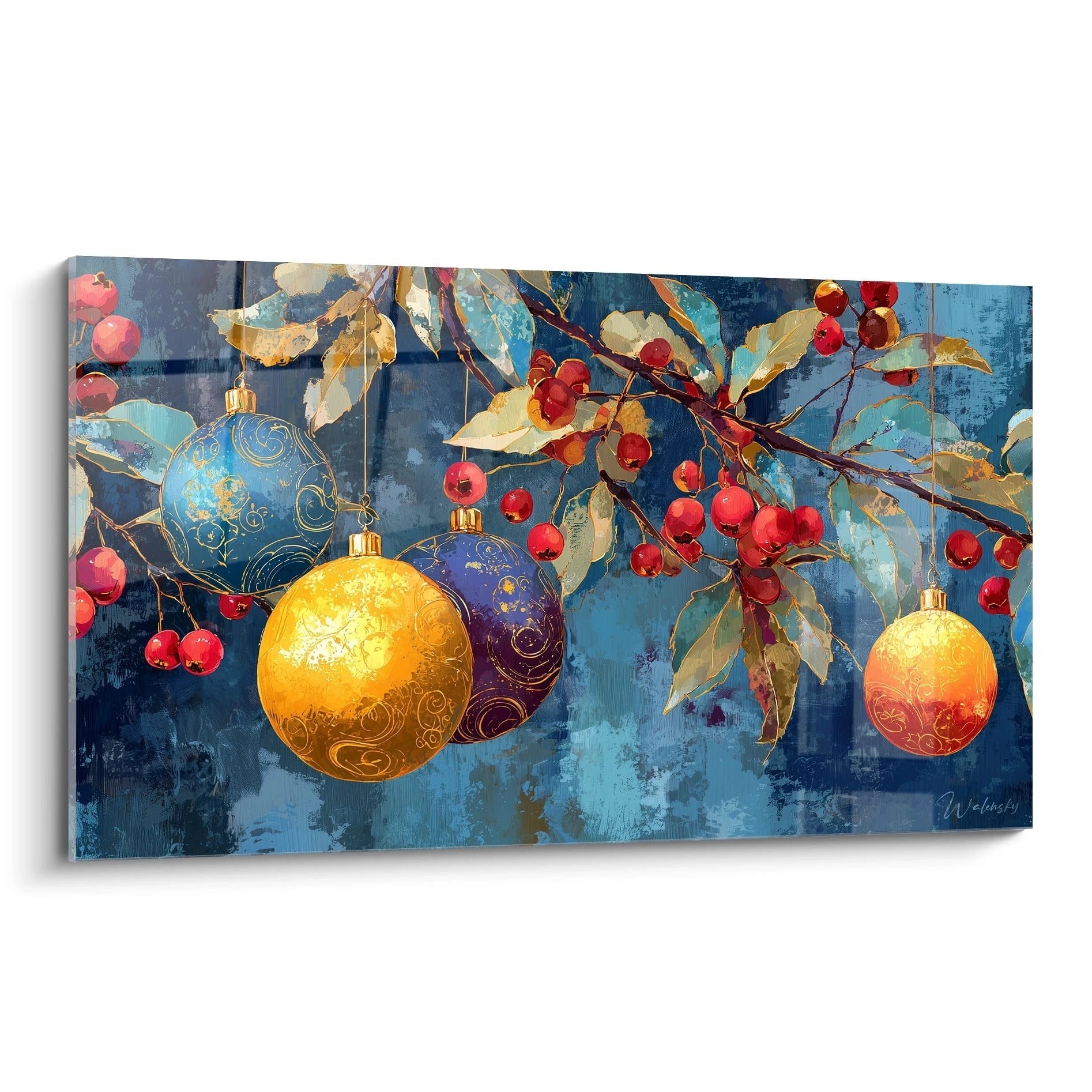 Tableau décoratif boules de Noël avec des ornements colorés sur fond bleu et branches de feuilles.