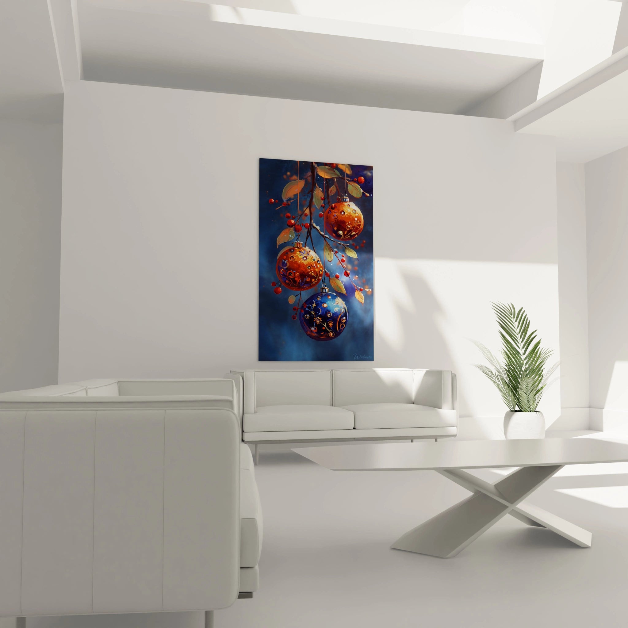 Tableau mural Noël boules brillance sur un mur moderne avec décor minimaliste