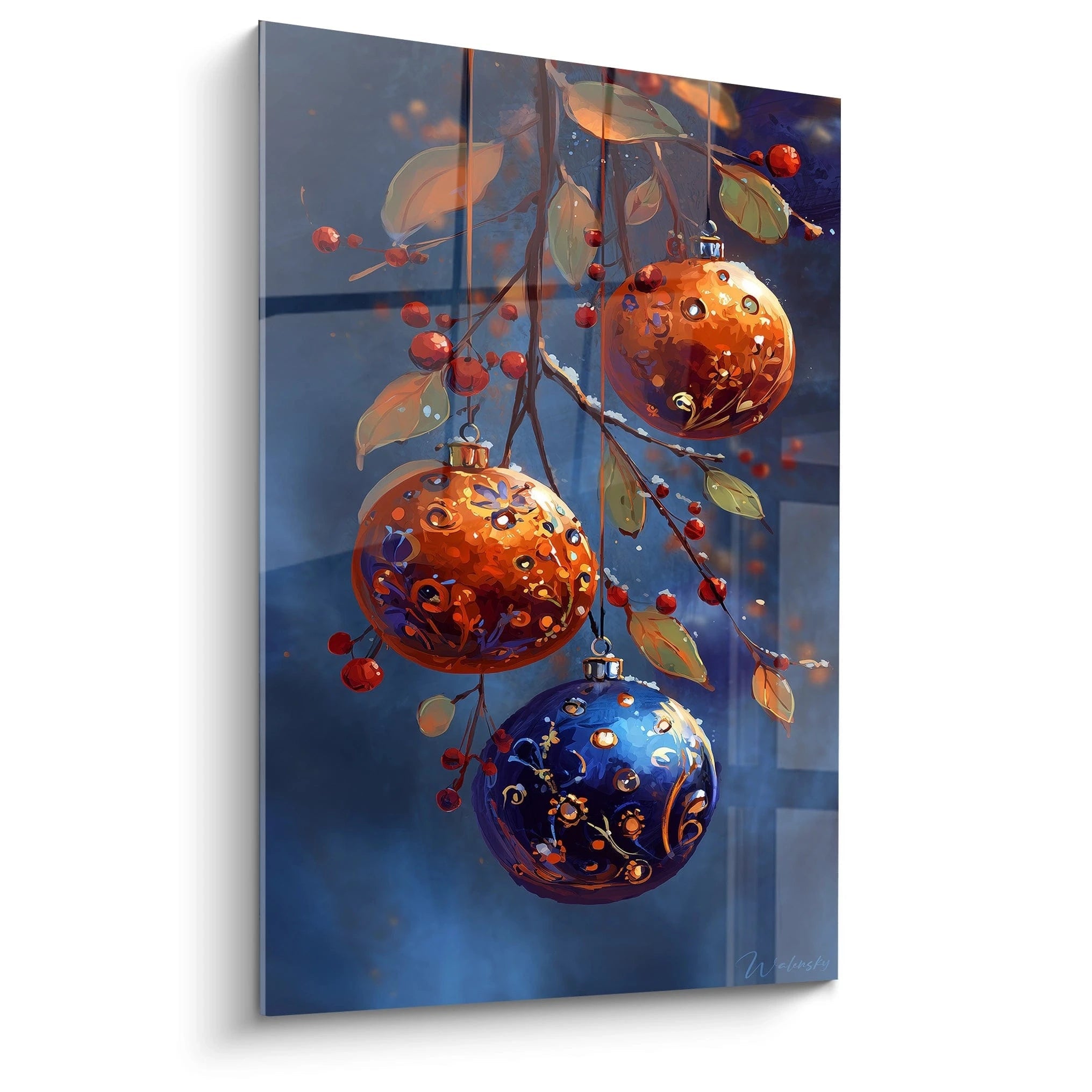 Tableau mural Noël boules brillance avec des ornements colorés sur un fond bleu