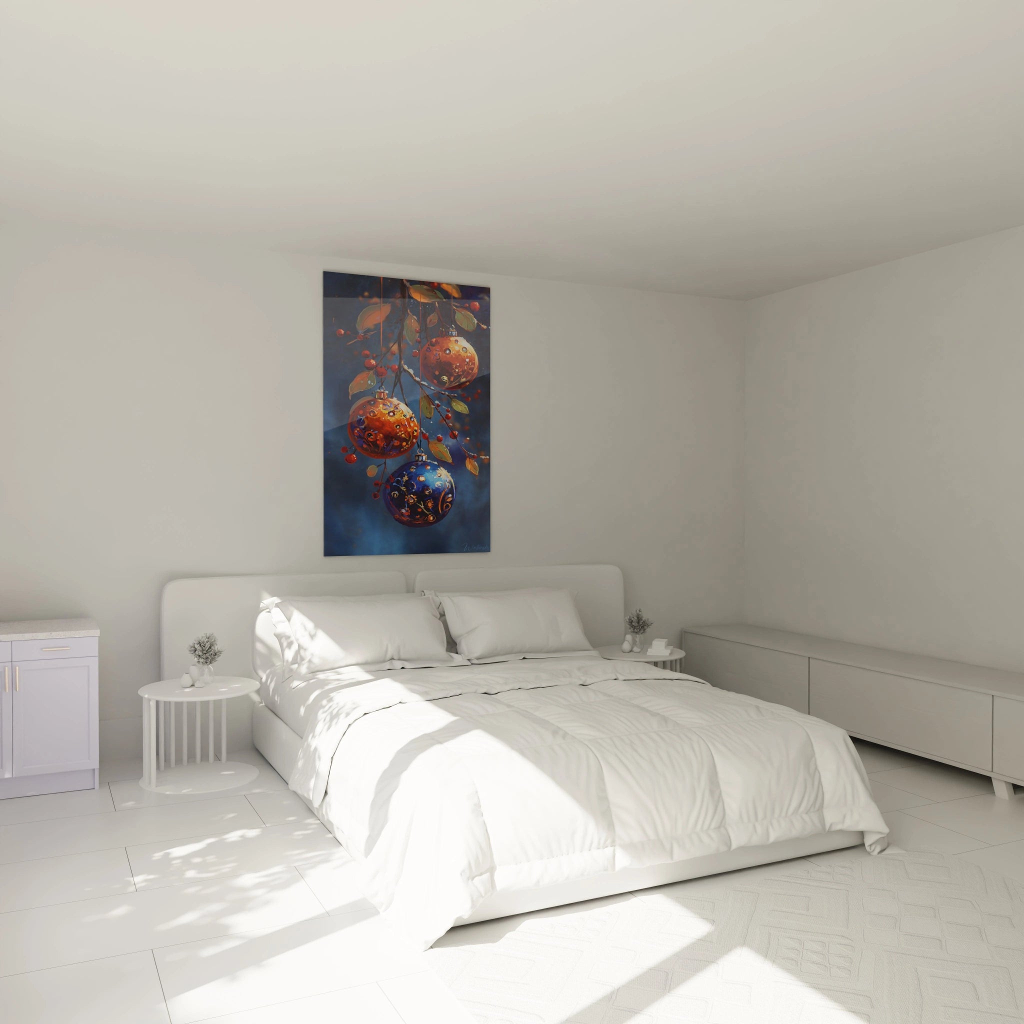 Tableau mural Noël boules brillance décorant une chambre moderne avec lumière naturelle