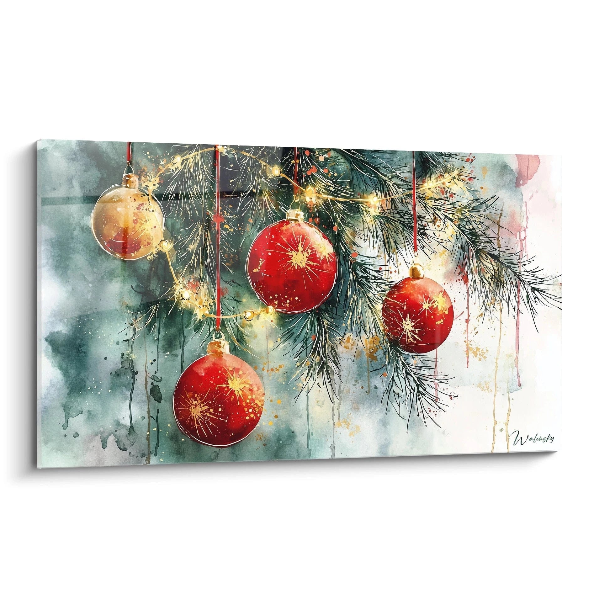 Tableau de Noël moderne avec des boules décoratives rouges et un fond festif en aquarelle