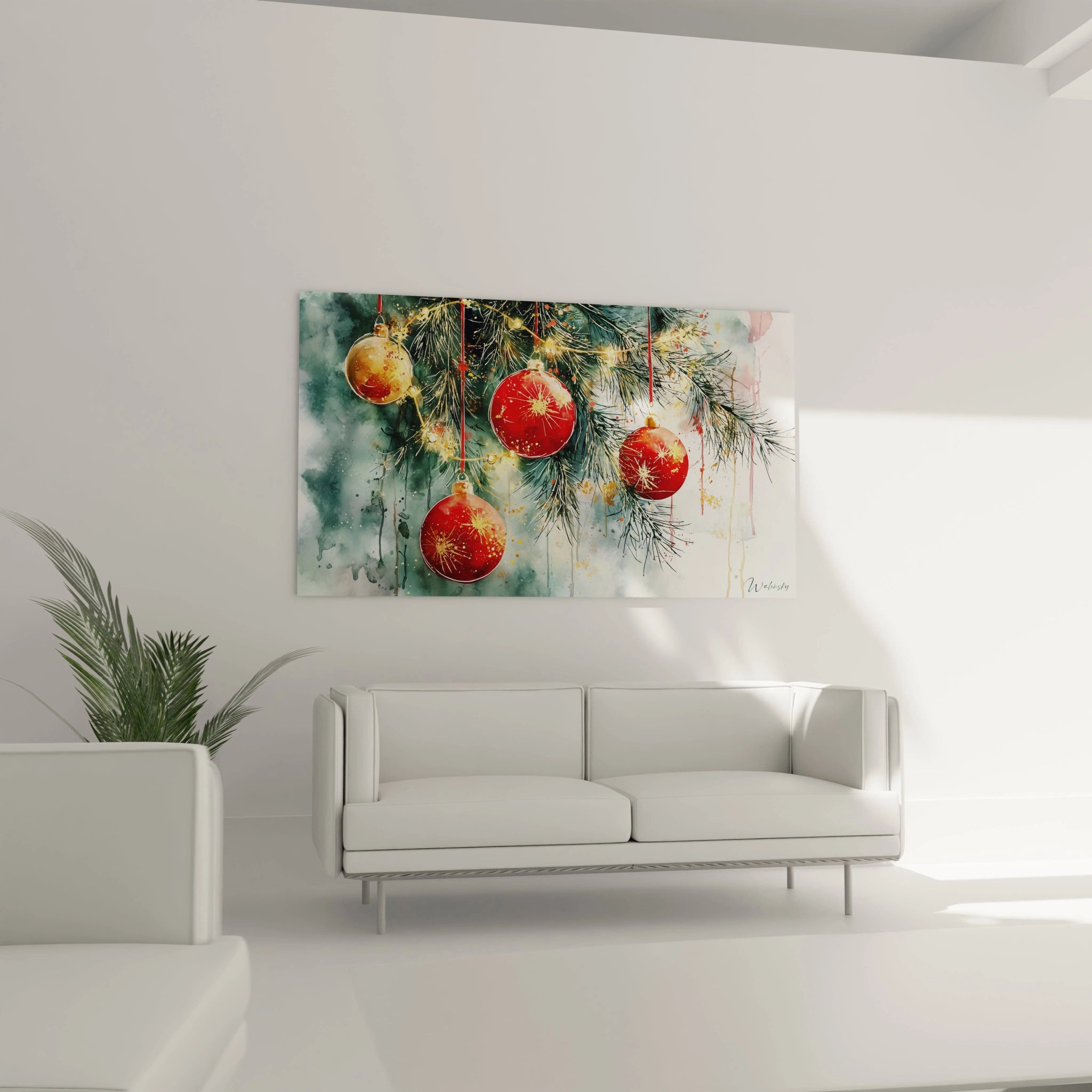 Tableau de Noël moderne avec des ornements rouges et dorés suspendus sur des branches de sapin