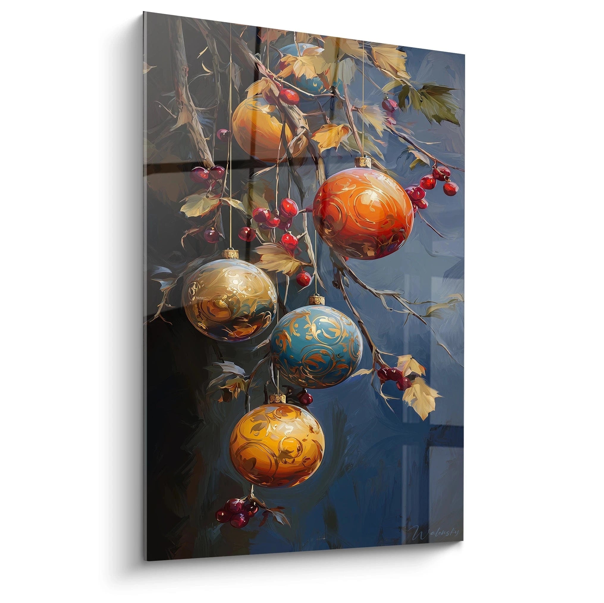 Tableau décoratif boules de Noël suspendues avec des branches et des feuilles colorées