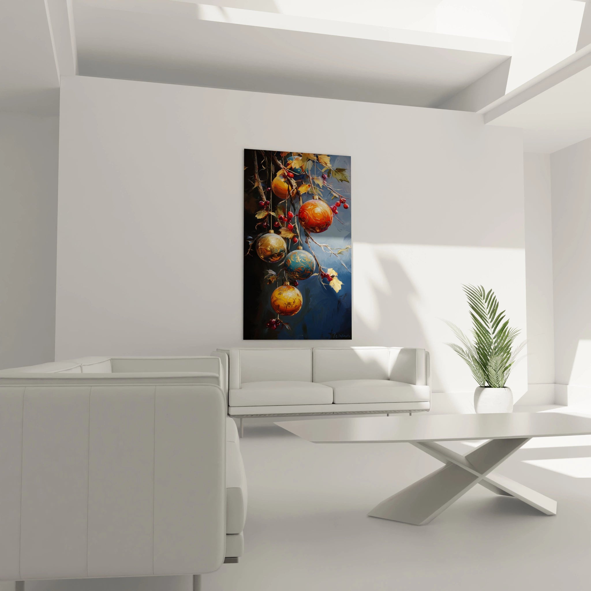 Tableau décoratif boules de Noël sur un mur moderne avec des couleurs vives et festive