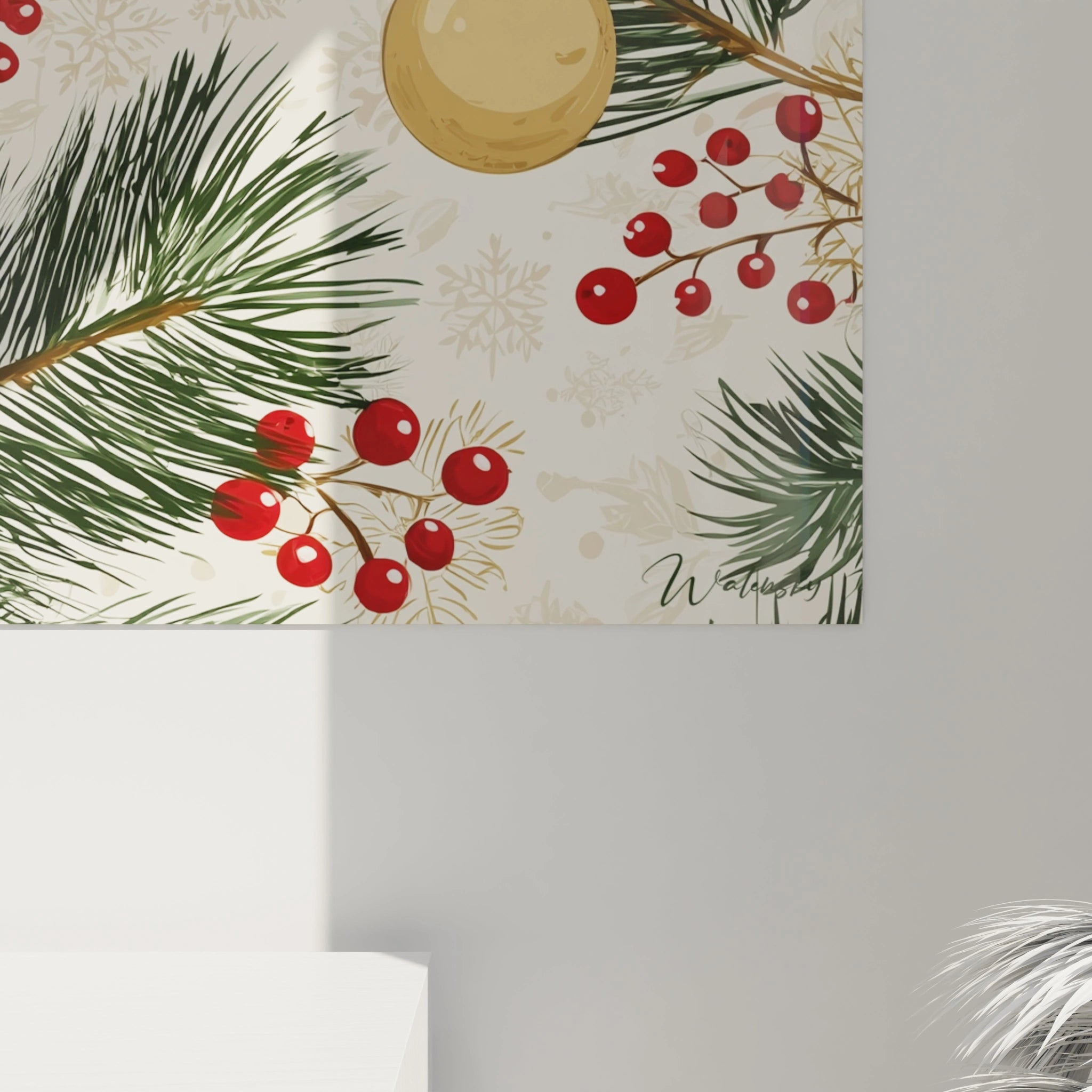 Tableau mural Noël boules de sapin avec des branches et des baies colorées sur fond clair