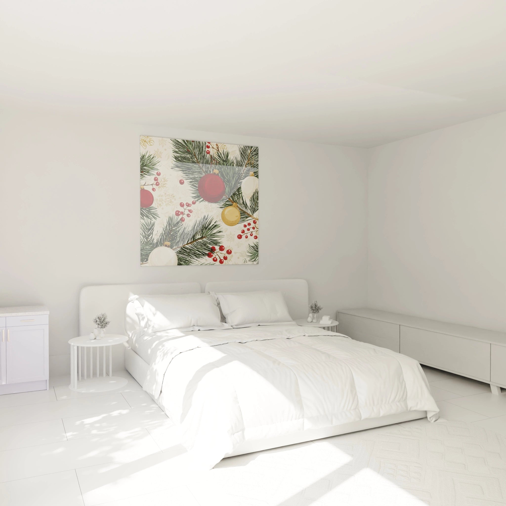 Tableau mural Noël boules de sapin dans une chambre moderne avec lit et meubles blancs