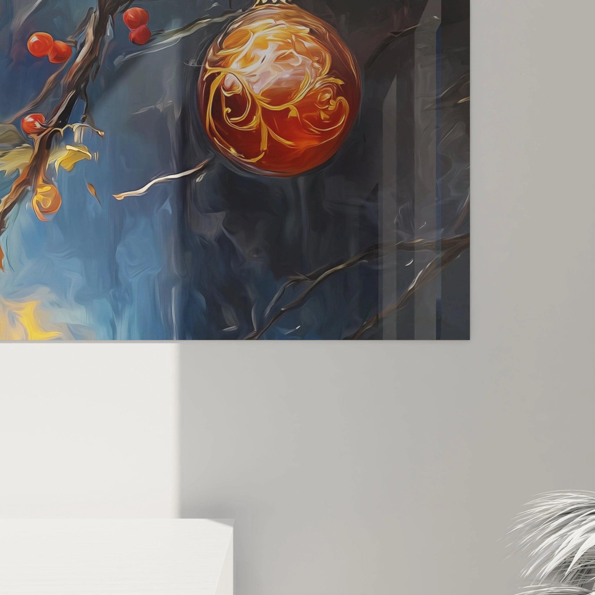 Tableau décoration boules de Noël avec des branches et une boule décorative orange sur fond artistique