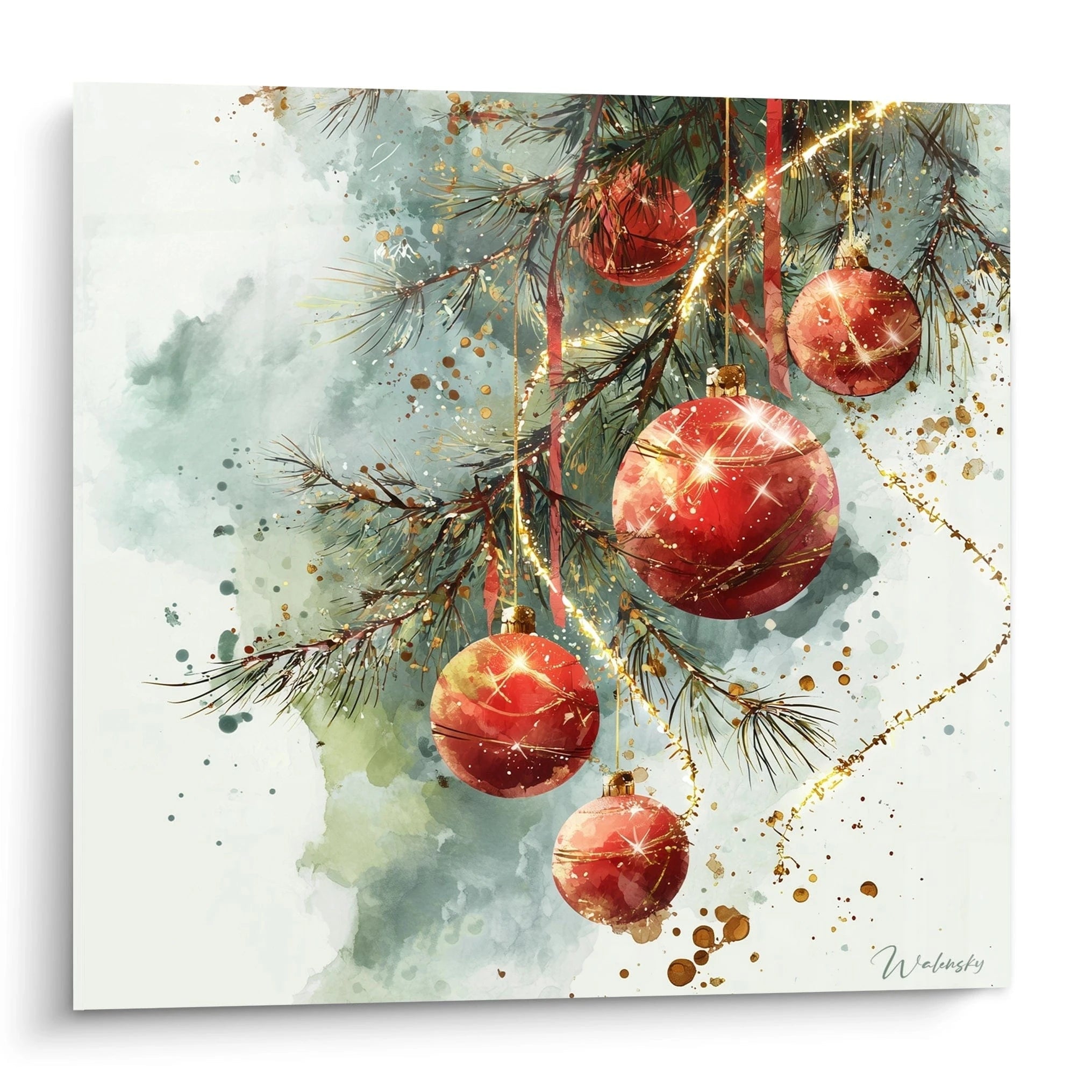 Tableau décoration Noël avec boules rouges et branches de sapin dans un design artistique