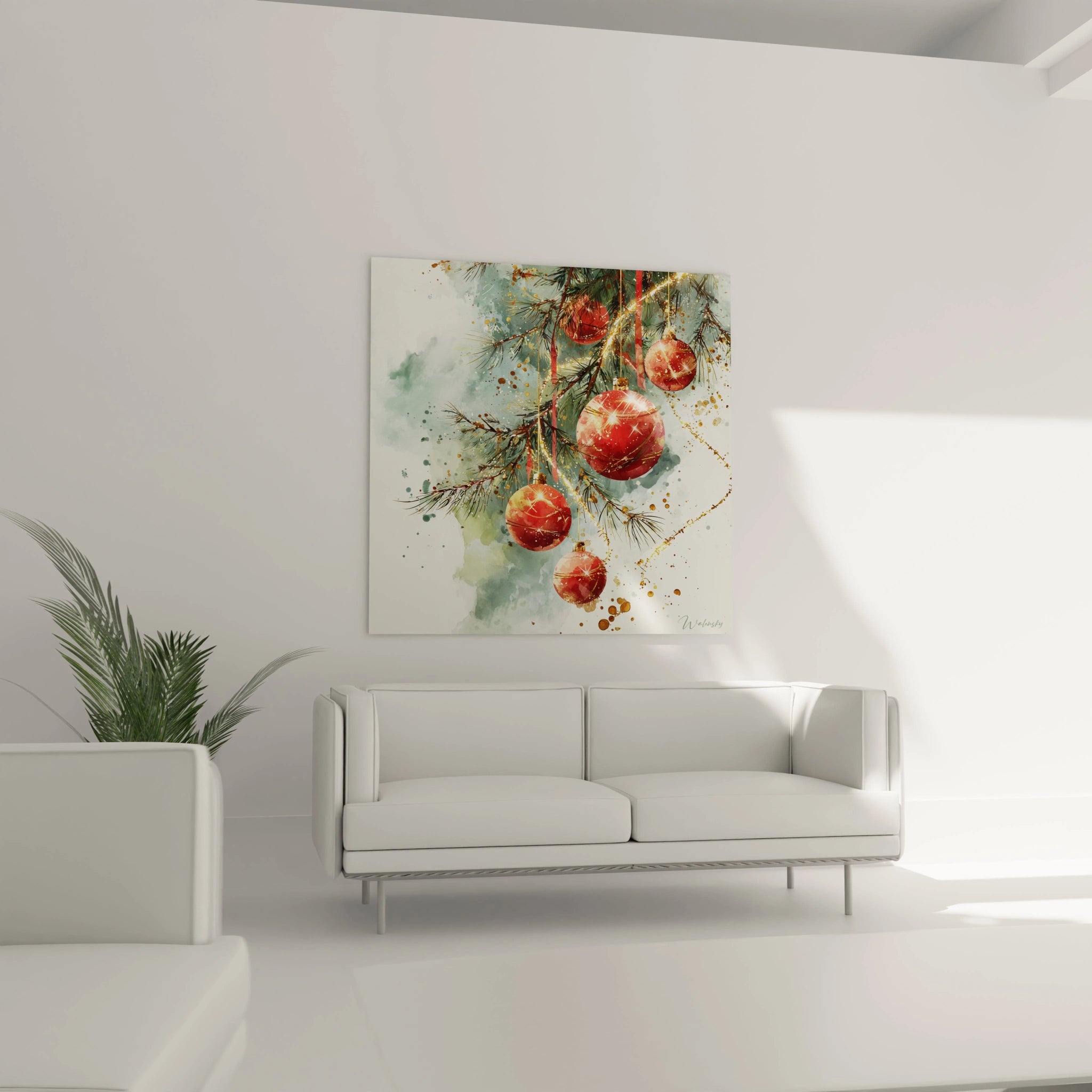 Tableau décoration Noël avec des boules rouges et des branchages dans un style aquarelle