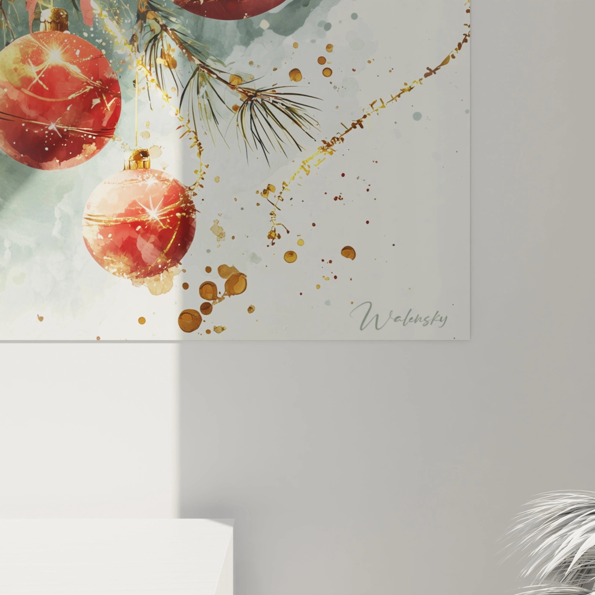 Tableau décoration Noël avec des boules rouges et des motifs festifs sur fond clair