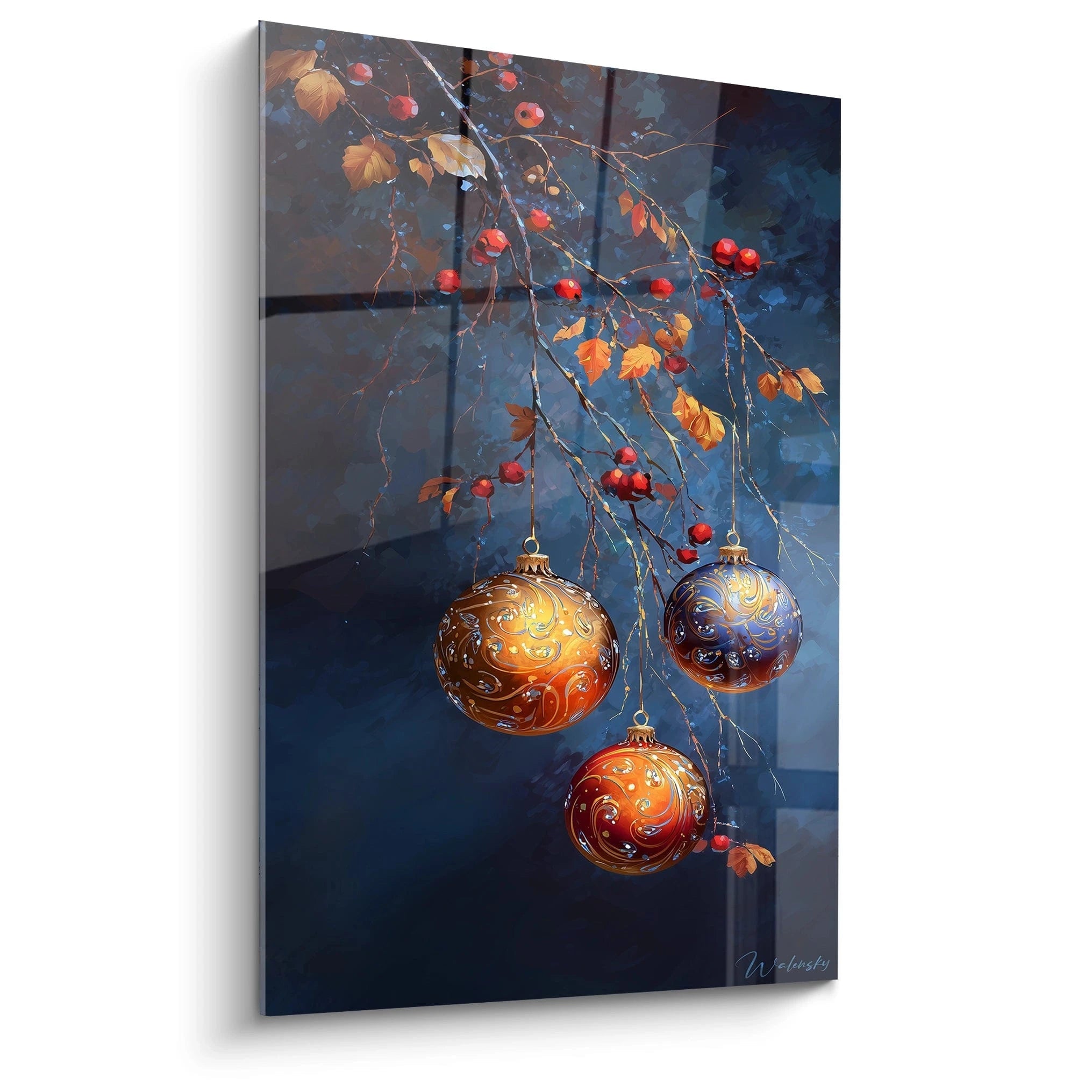 Tableau décoration Noël avec des boules colorées et des feuilles sur un fond sombre