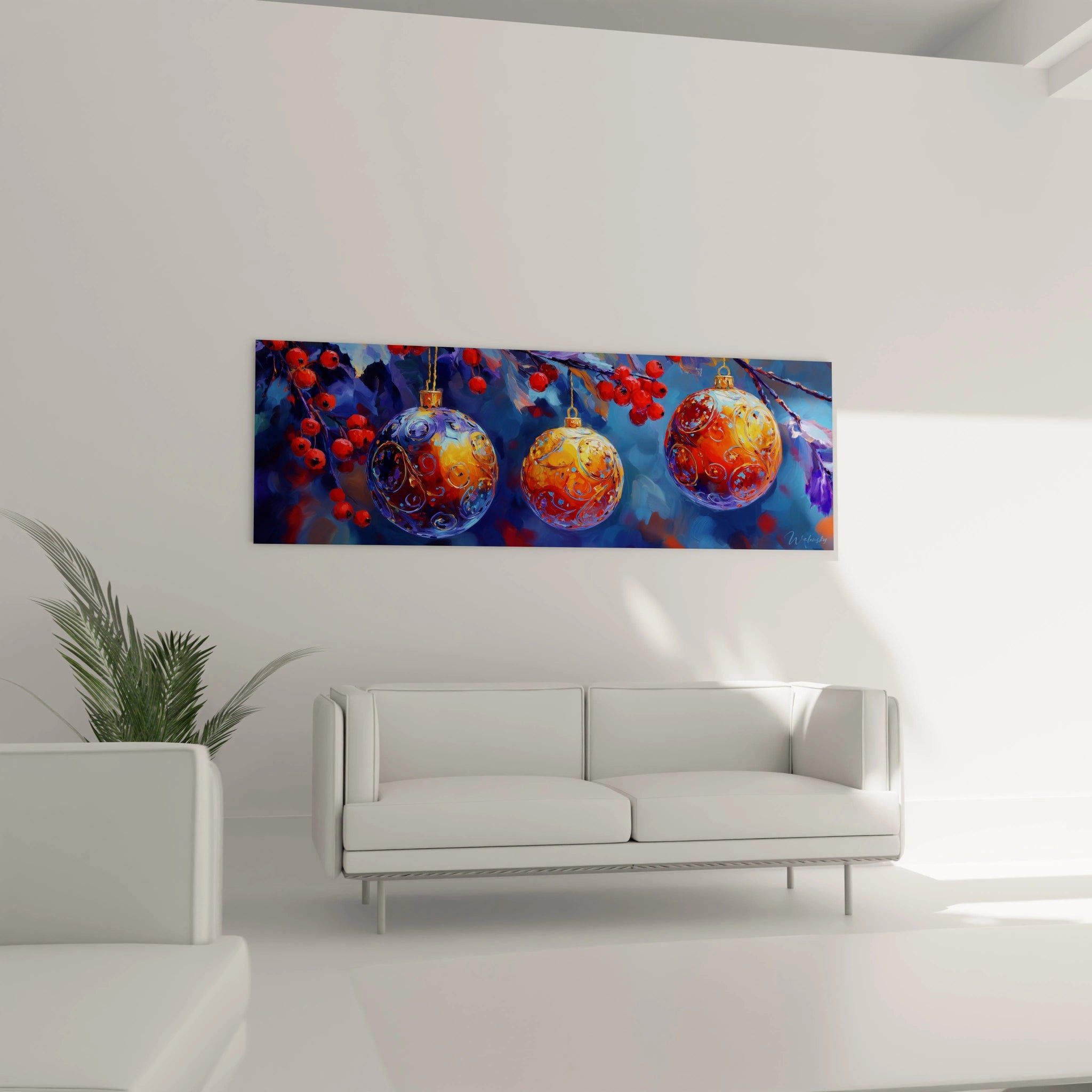 Tableau mural boules de Noël haut de gamme avec des décorations colorées sur un fond artistique