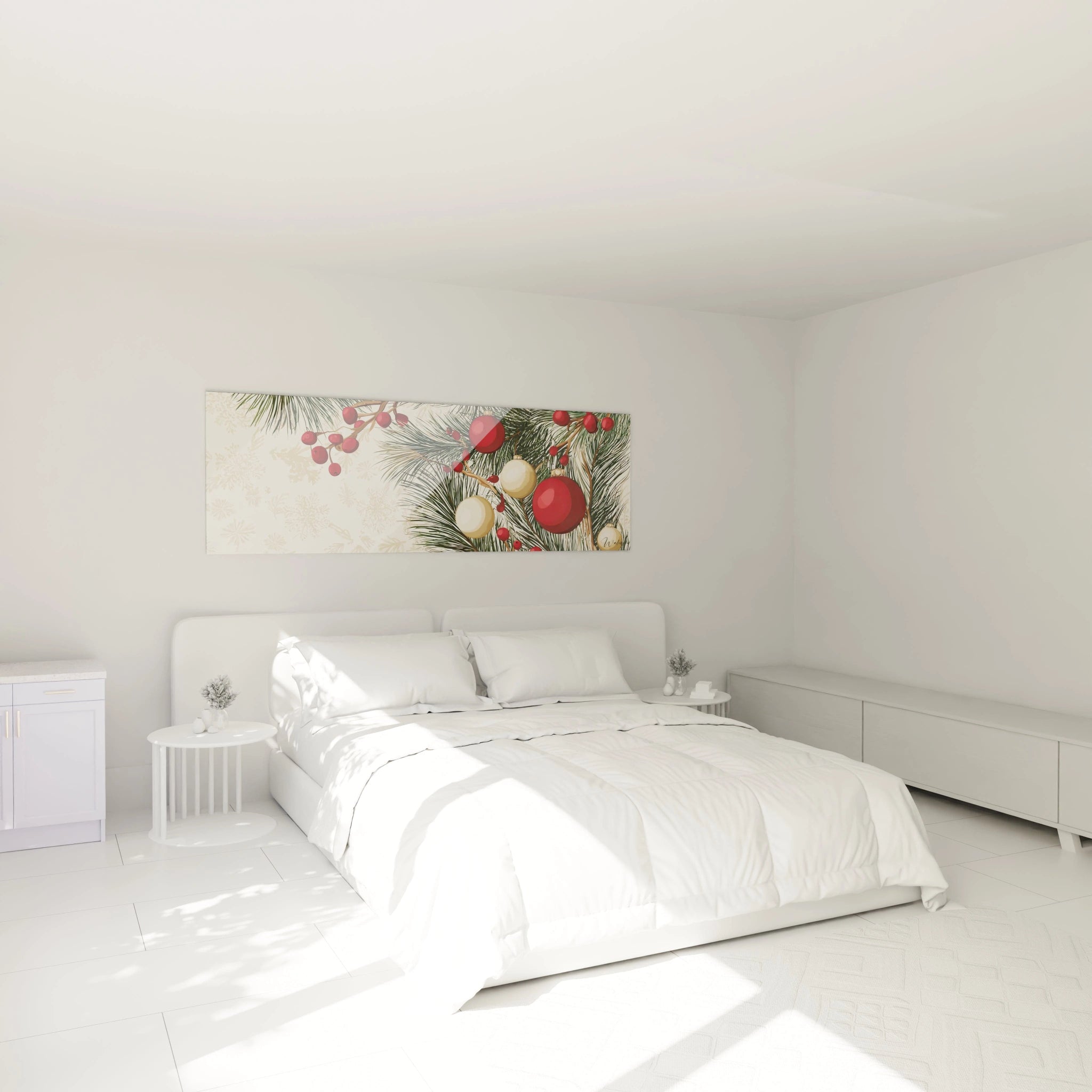 Tableau décoratif Noël boules rouges accroché au-dessus d'un lit blanc dans une chambre lumineuse