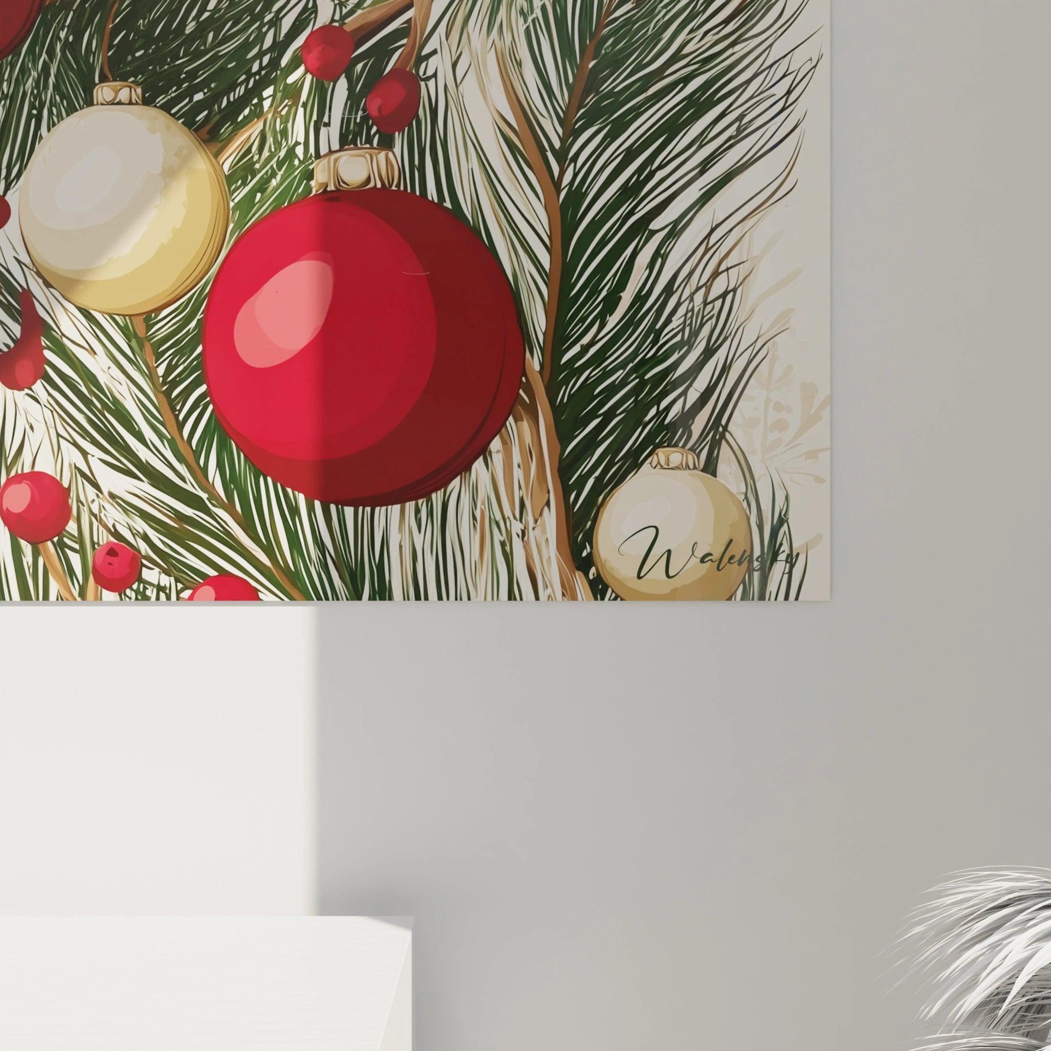Tableau décoratif Noël boules rouges avec des branches de sapin et des ornements colorés