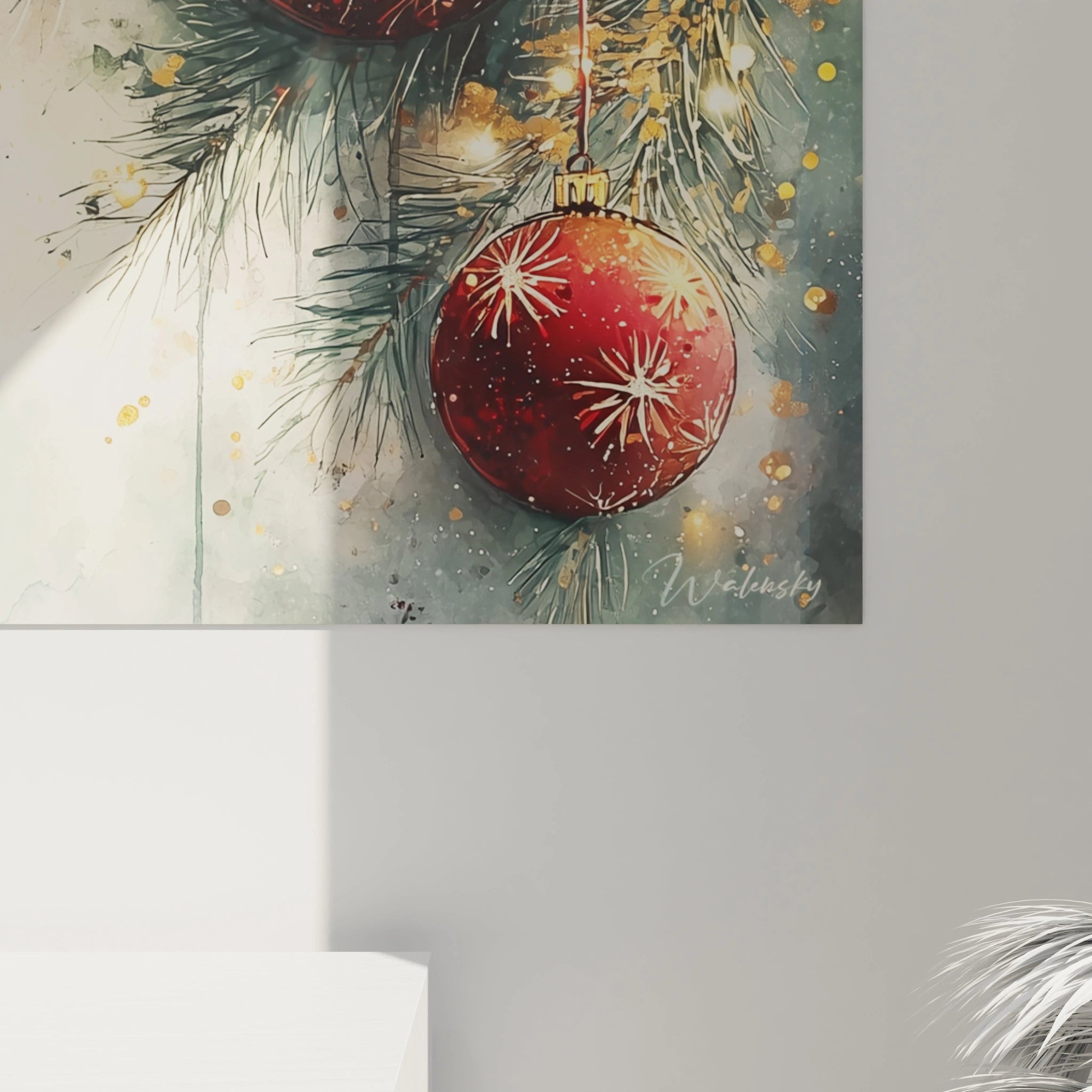 Tableau déco boules de Noël avec des boules rouges suspendues sur un fond festif et élégant
