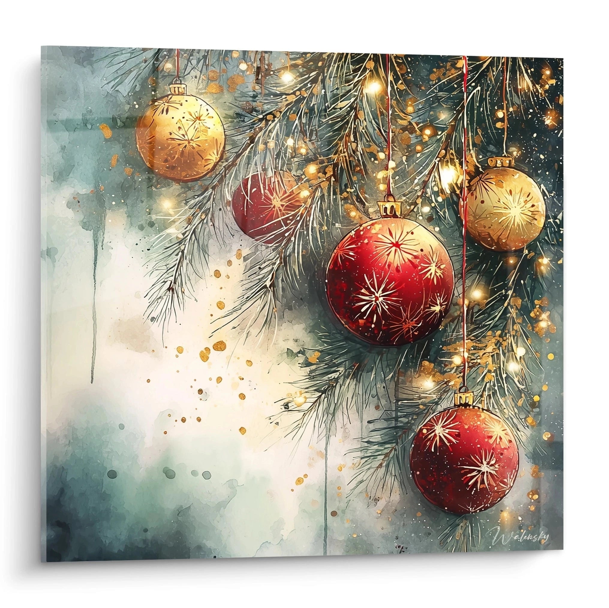 Tableau déco boules de Noël avec des ornements dorés et rouges suspendus sur une branche de sapin